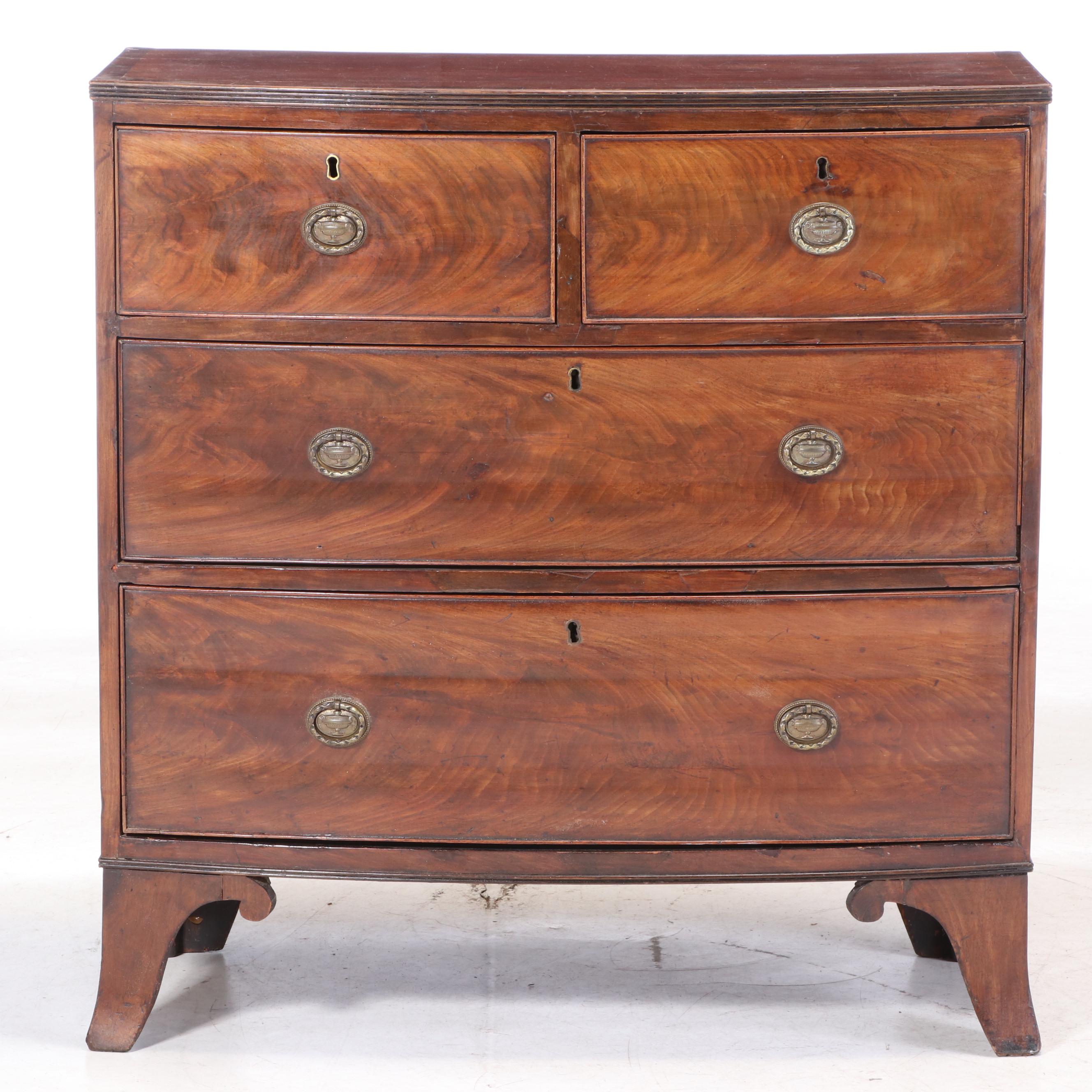 George III Flame Mahogany and Crossbanded Four-Drawer Bowfront Chest, circa 1800
