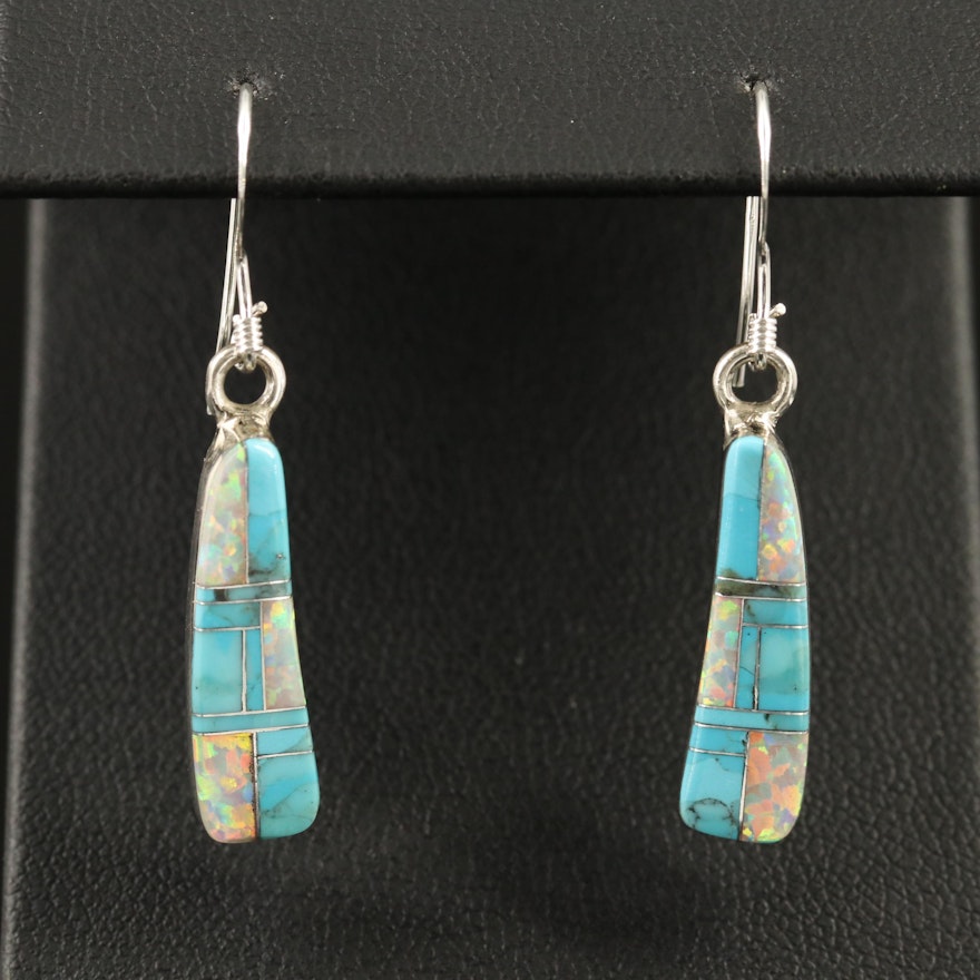 Sterling Silver Turquoise and Opal Inlay Dangle Earrings