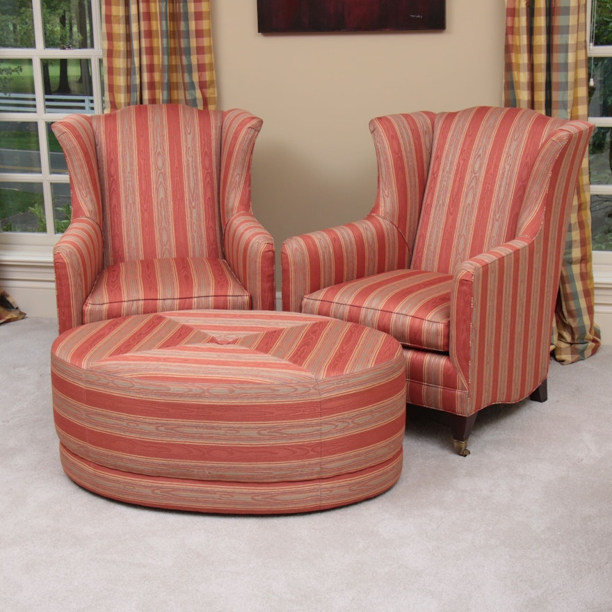 Pair of Henredon Wingback Armchairs and Matching Ottoman