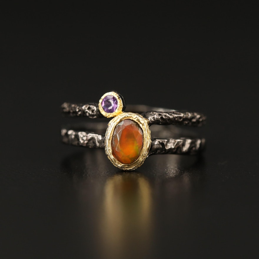 Sterling Silver Opal and Amethyst Split Shank Ring Featuring Hammered Finish