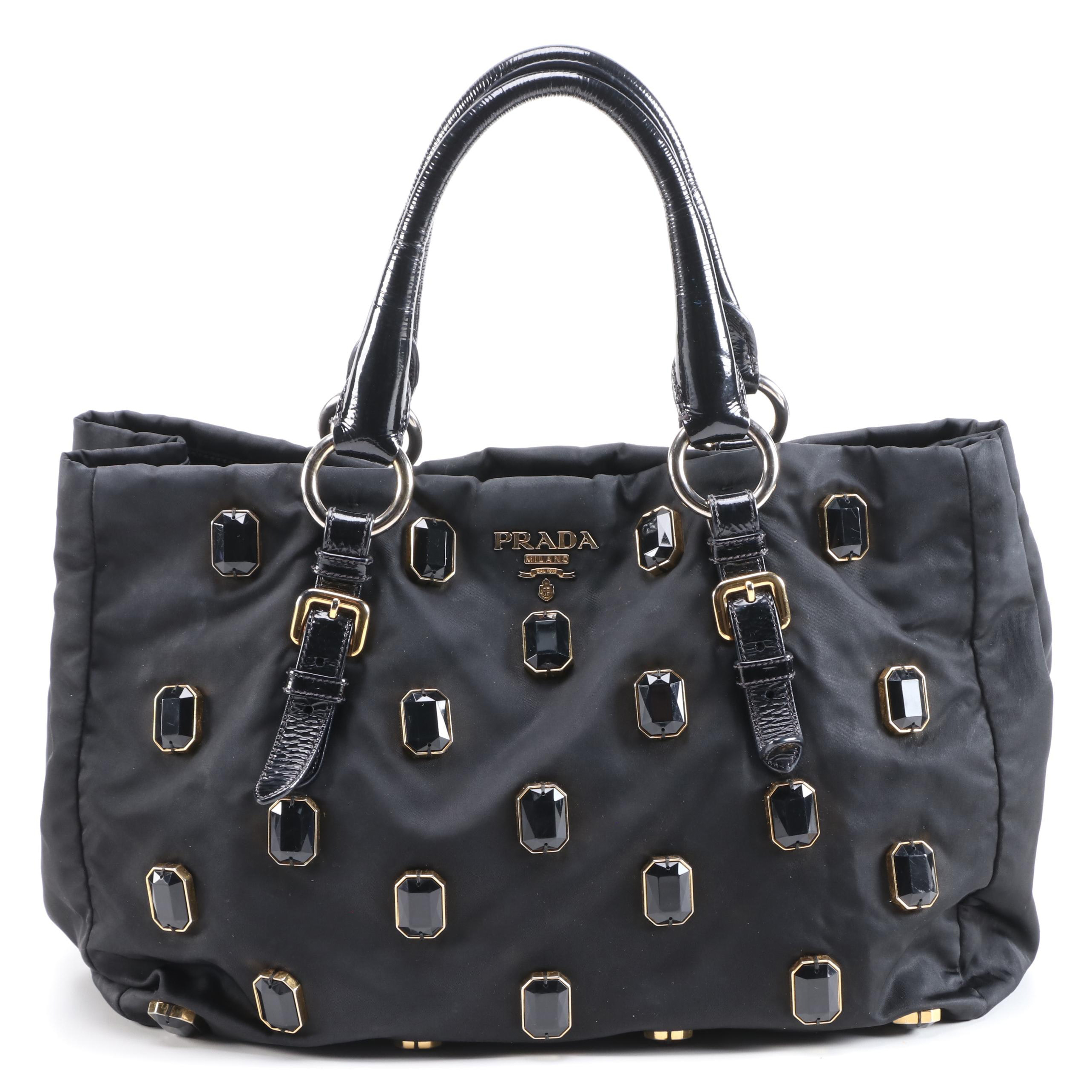 Prada Pietre Tote Bag in Embellished Black Tessuto Nylon and Patent Leather Trim
