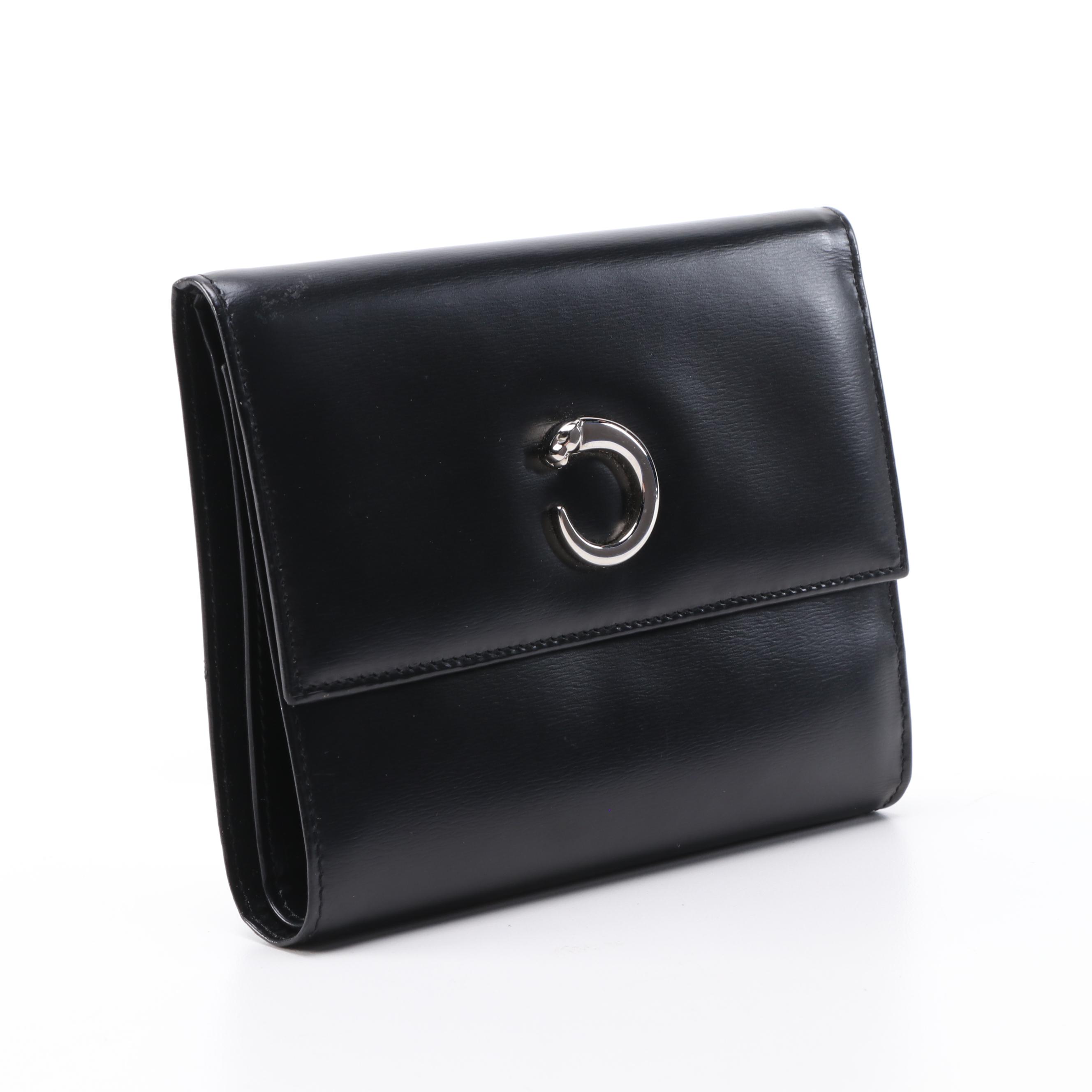 Cartier Panther Logo Black Leather Wallet