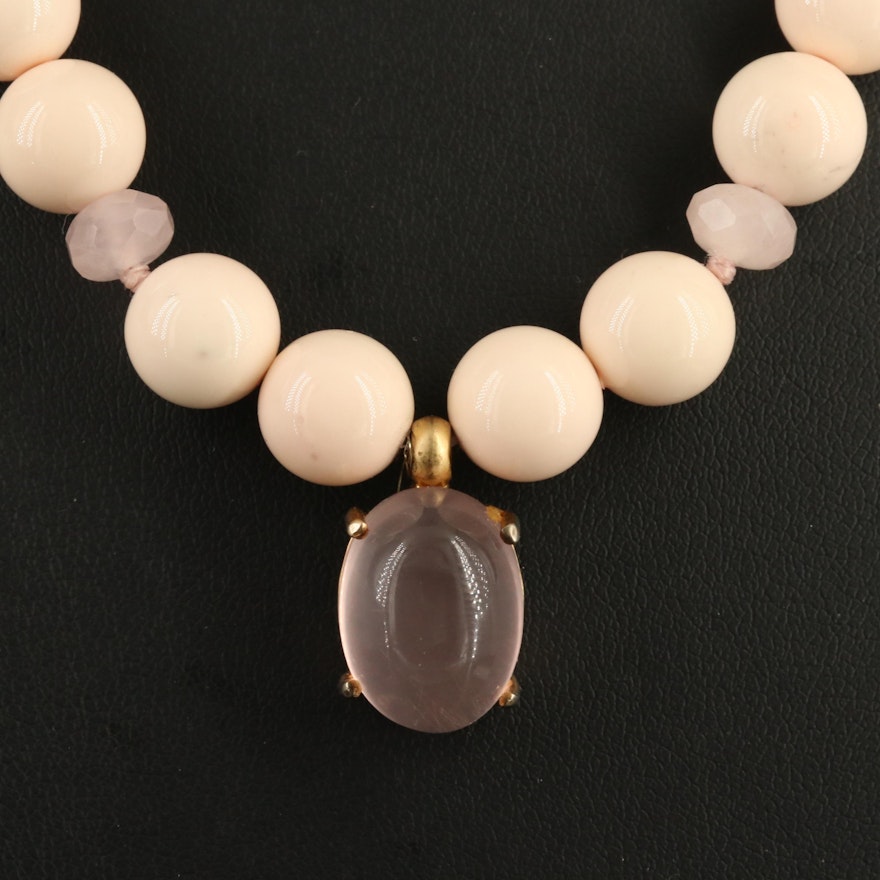 Rose Quartz and Faux Coral Necklace with Sterling Silver Clasp