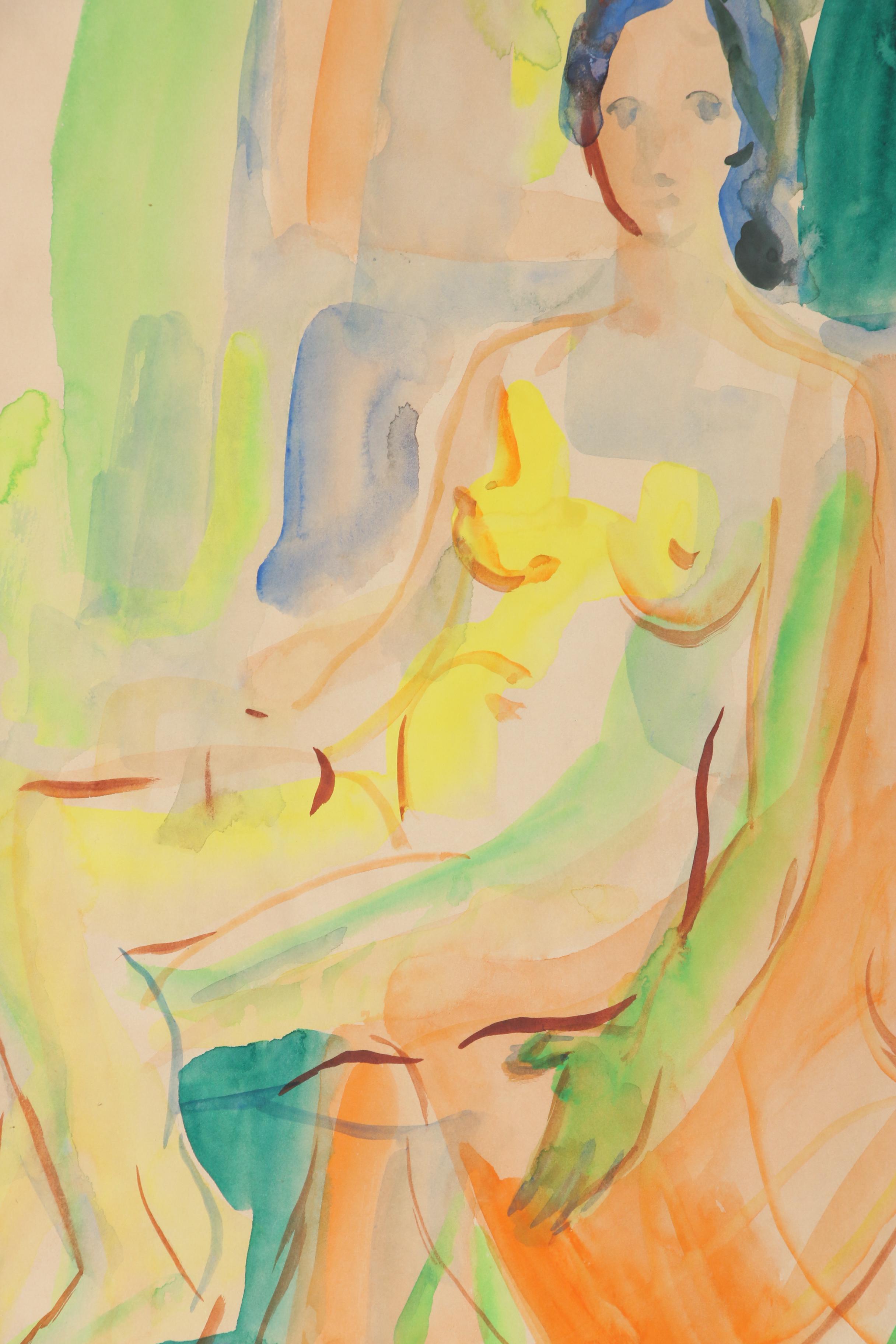 Yolanda Fusco Seated Female Nude Watercolor Painting, 20th Century