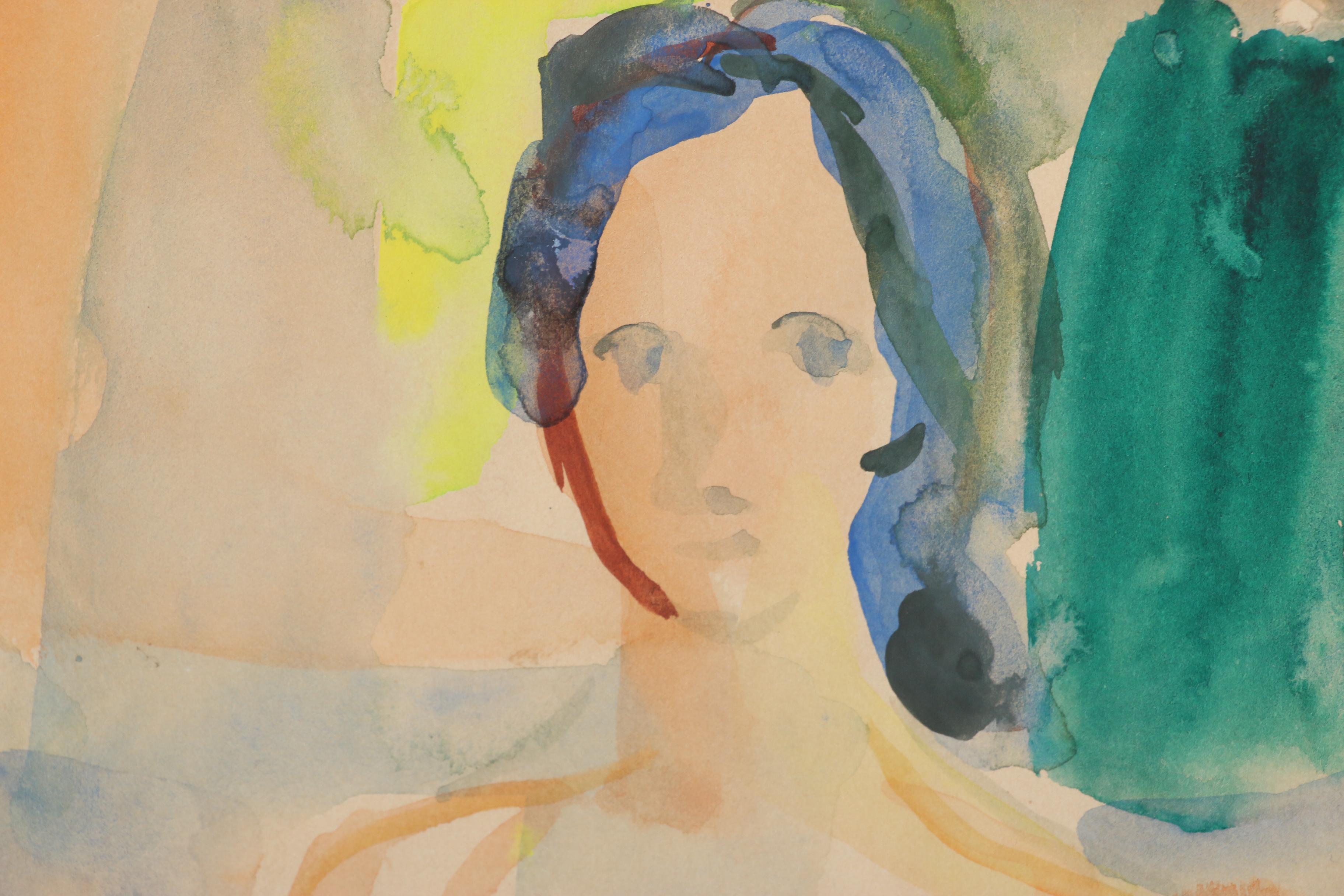 Yolanda Fusco Seated Female Nude Watercolor Painting, 20th Century