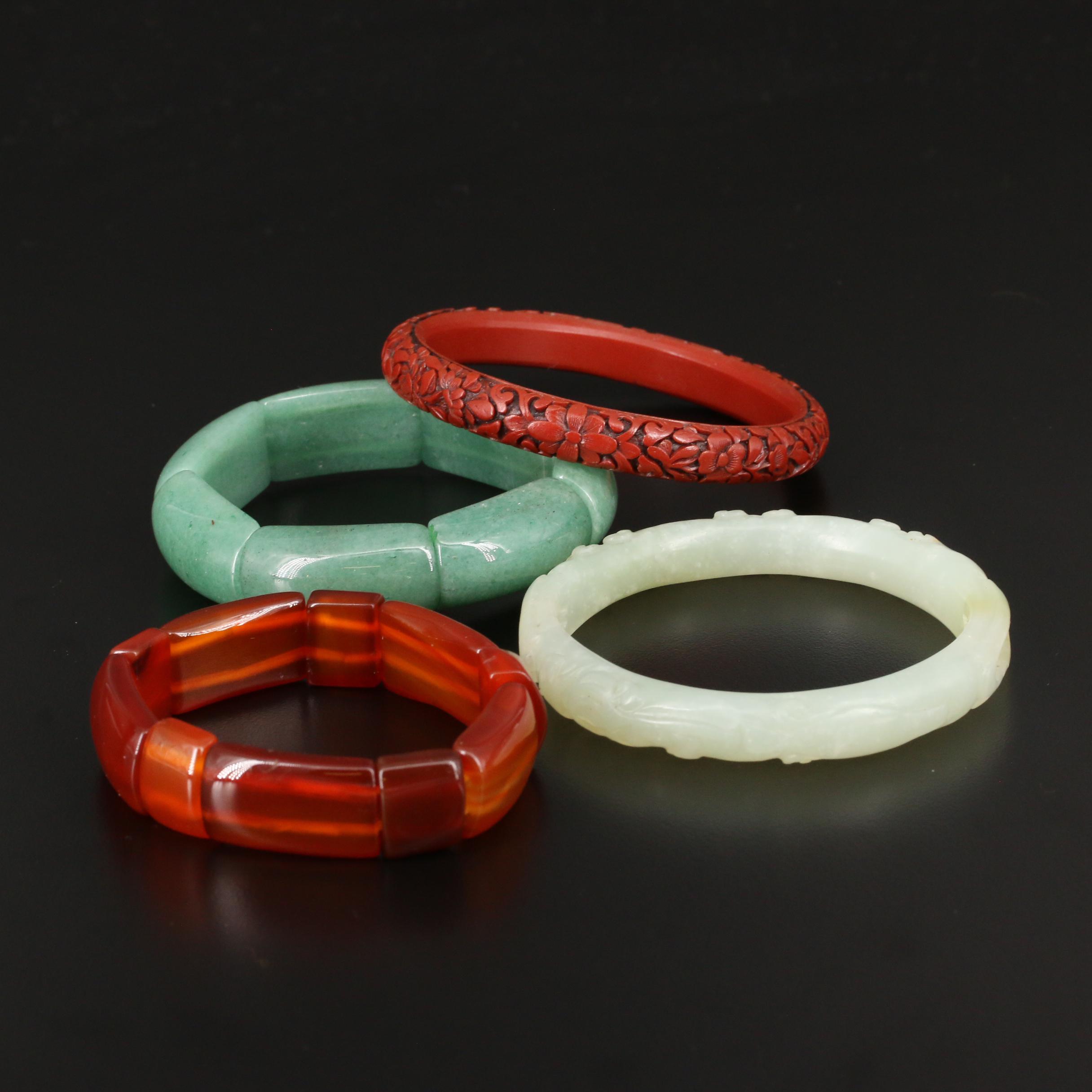 Carved Quartz, Serpentine and Chinese Lacquer Bangles