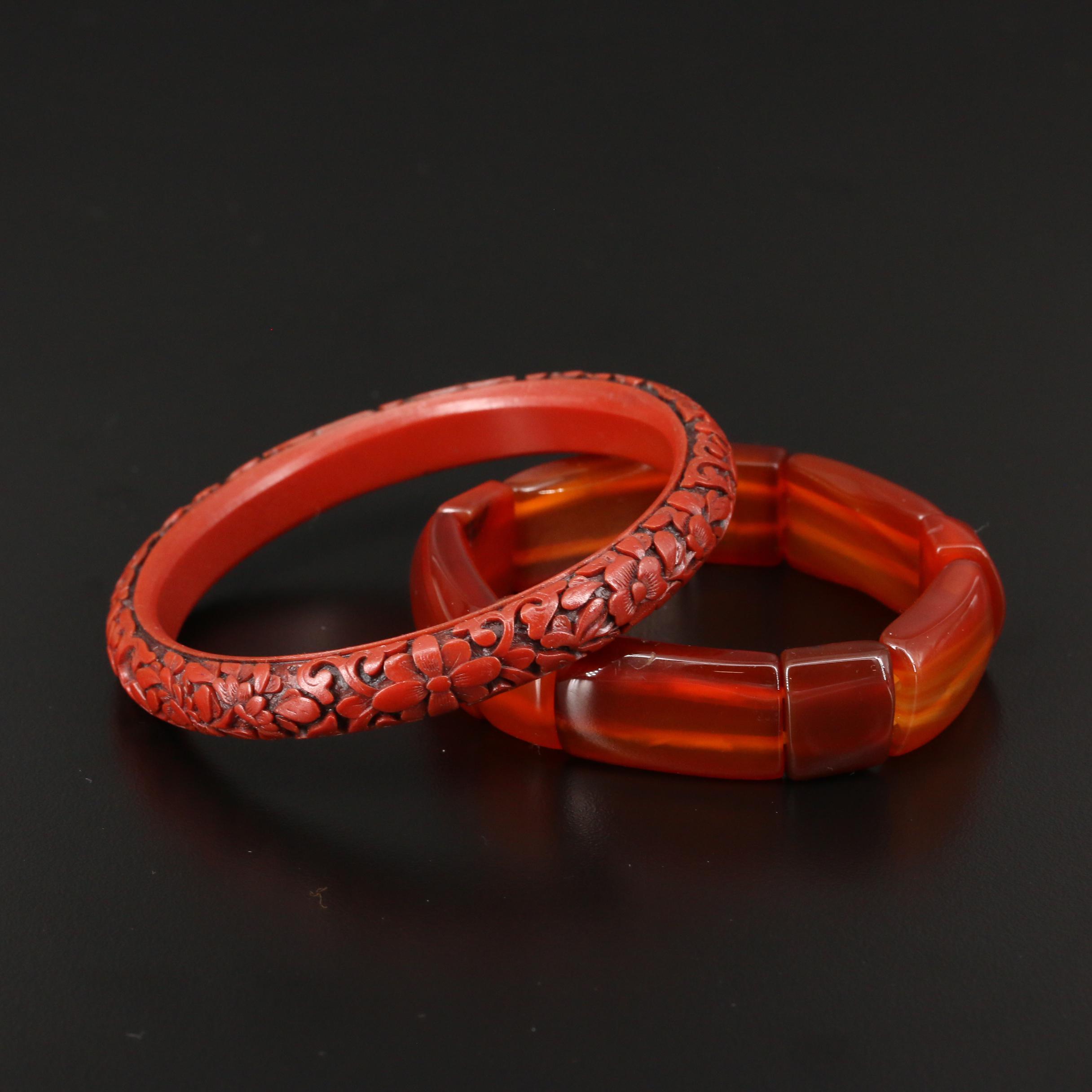 Carved Quartz, Serpentine and Chinese Lacquer Bangles