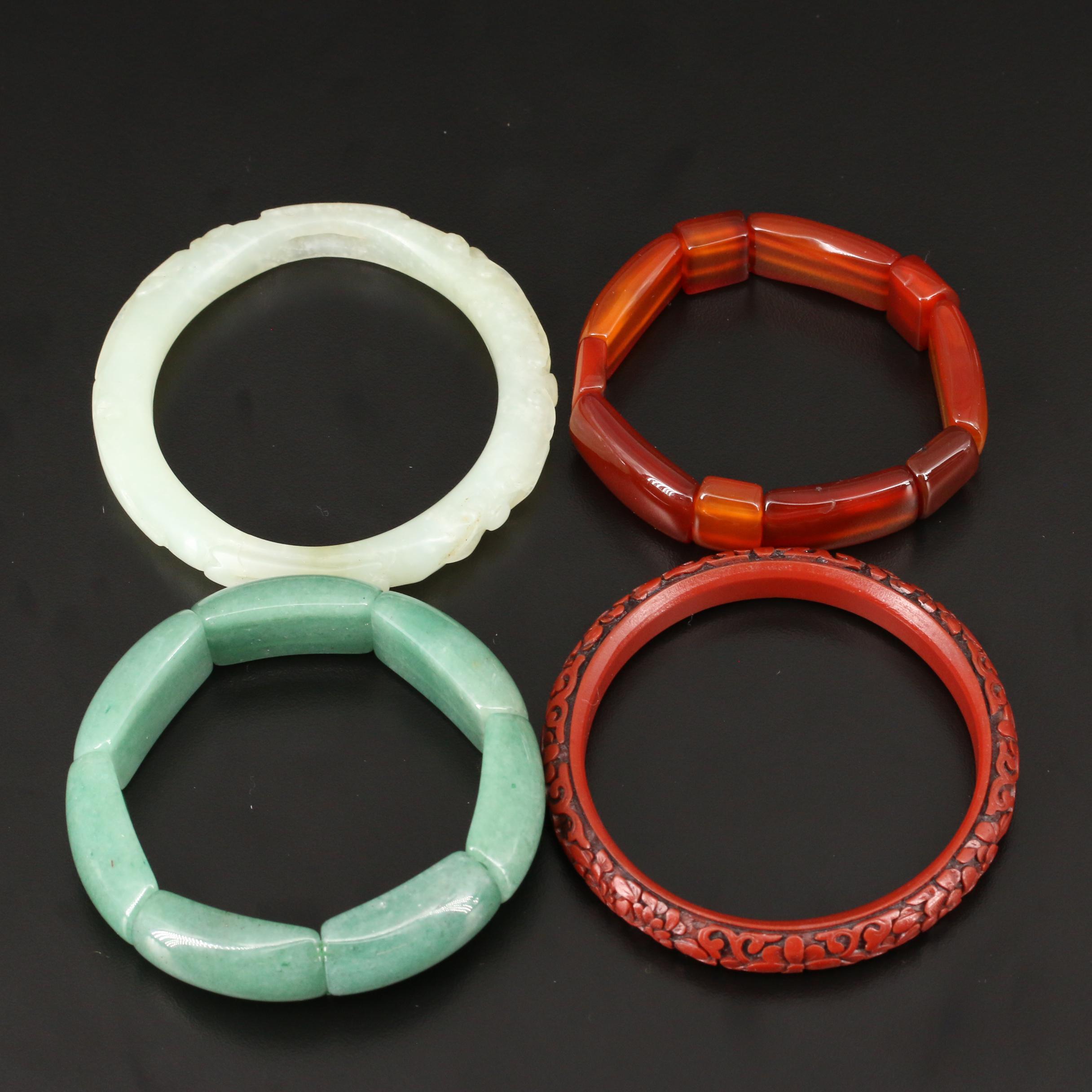 Carved Quartz, Serpentine and Chinese Lacquer Bangles