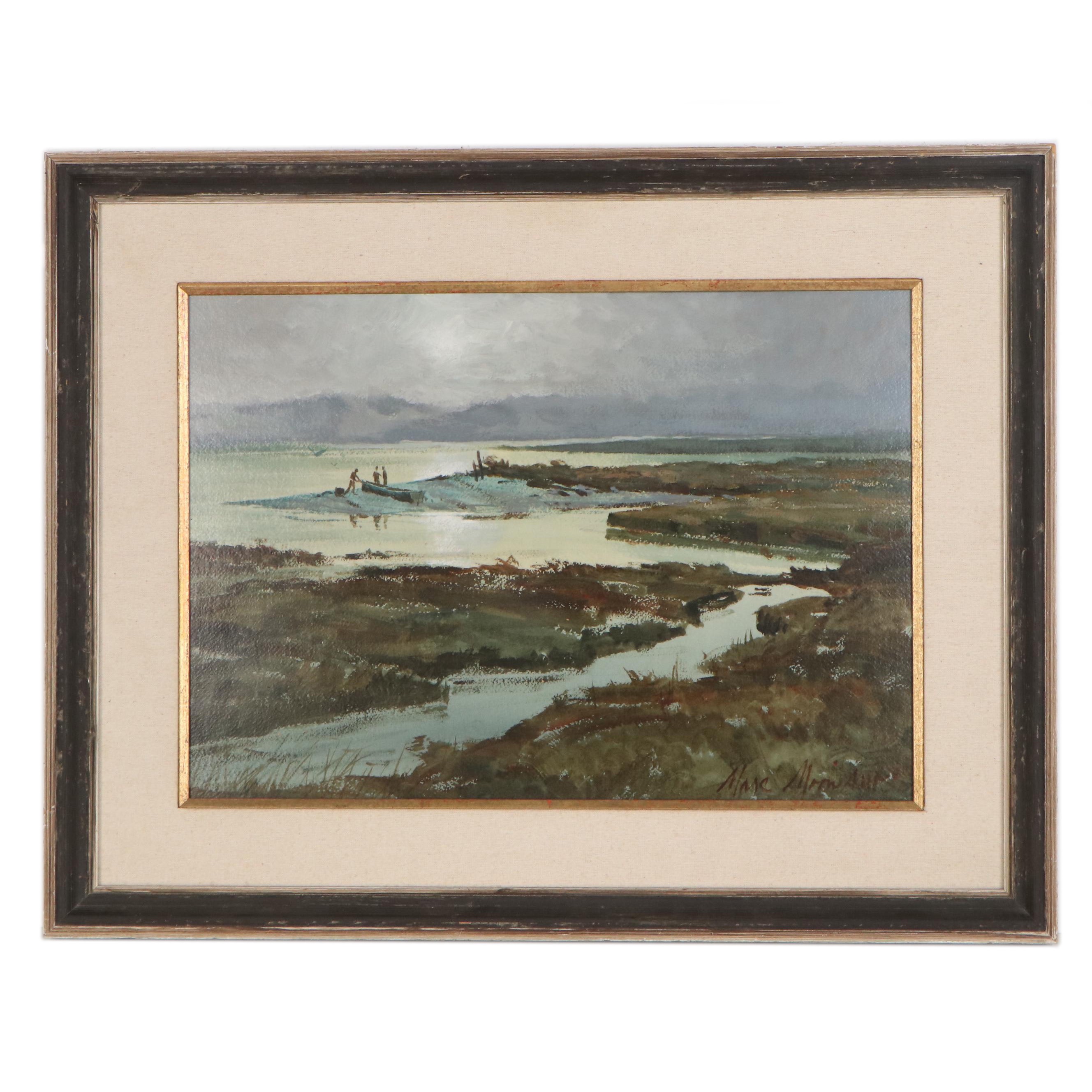 Marc Moon Landscape Watercolor Painting "Misty Marsh"