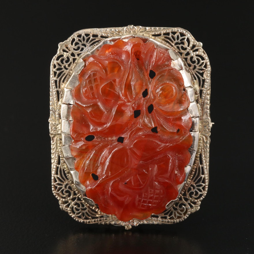 14K Carved Carnelian Floral Motif Filigree Converter Brooch