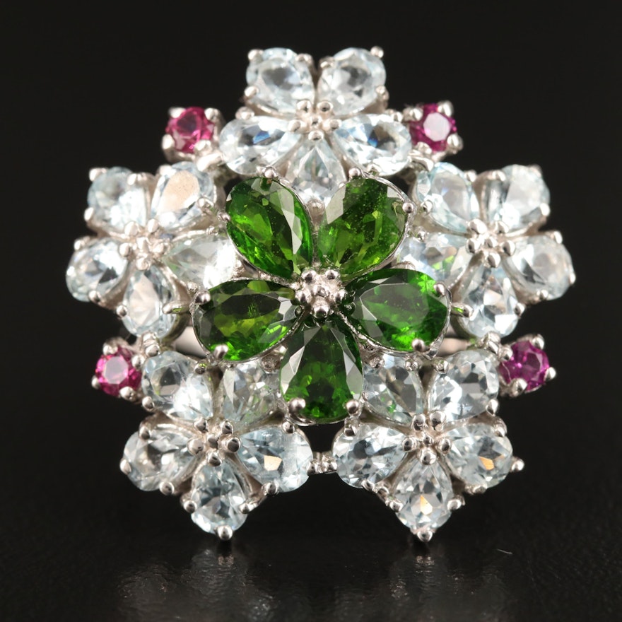 Sterling Silver Diopside, Aquamarine and Rhodolite Garnet Floral Ring