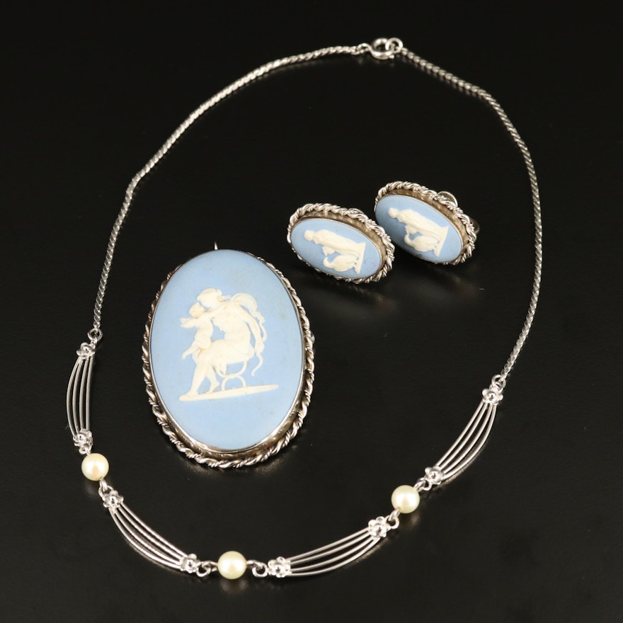 Sterling Jasperware Brooch and Earrings with Pearl Station Necklace and Wedgwood