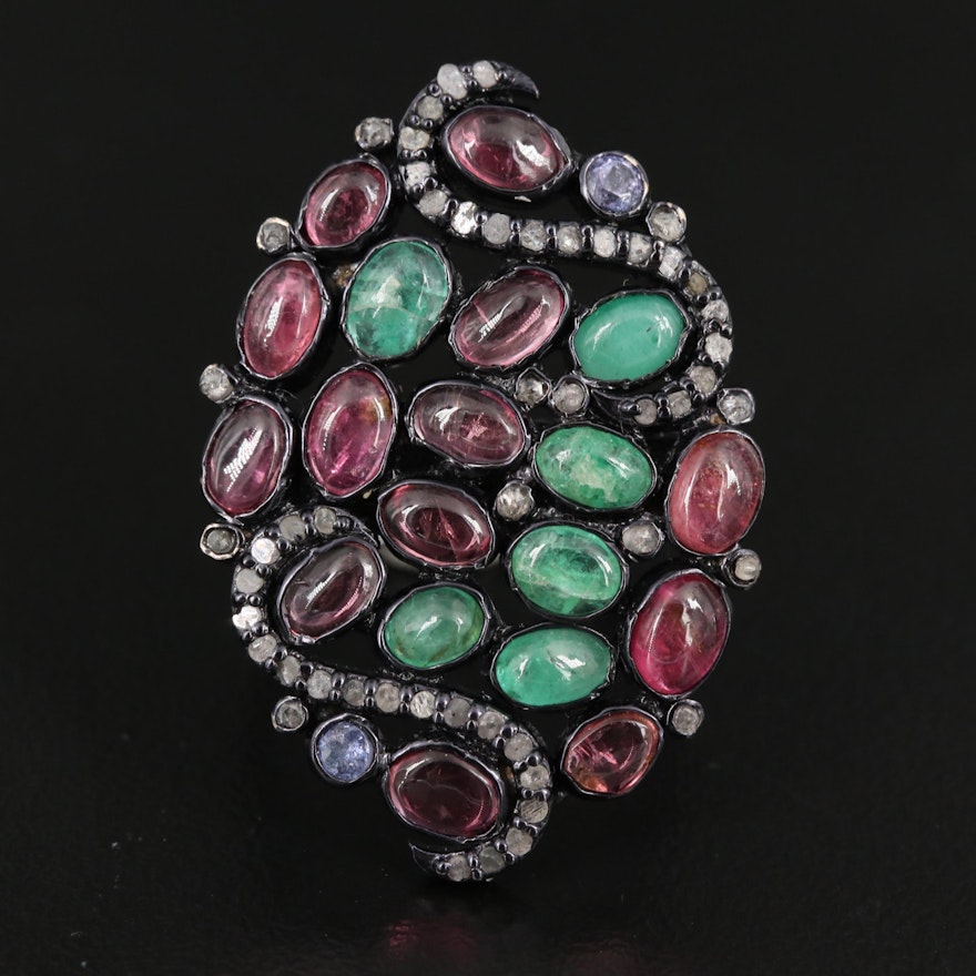 Sterling Silver Diamond and Gemstone Openwork Ring with Swirling Designs