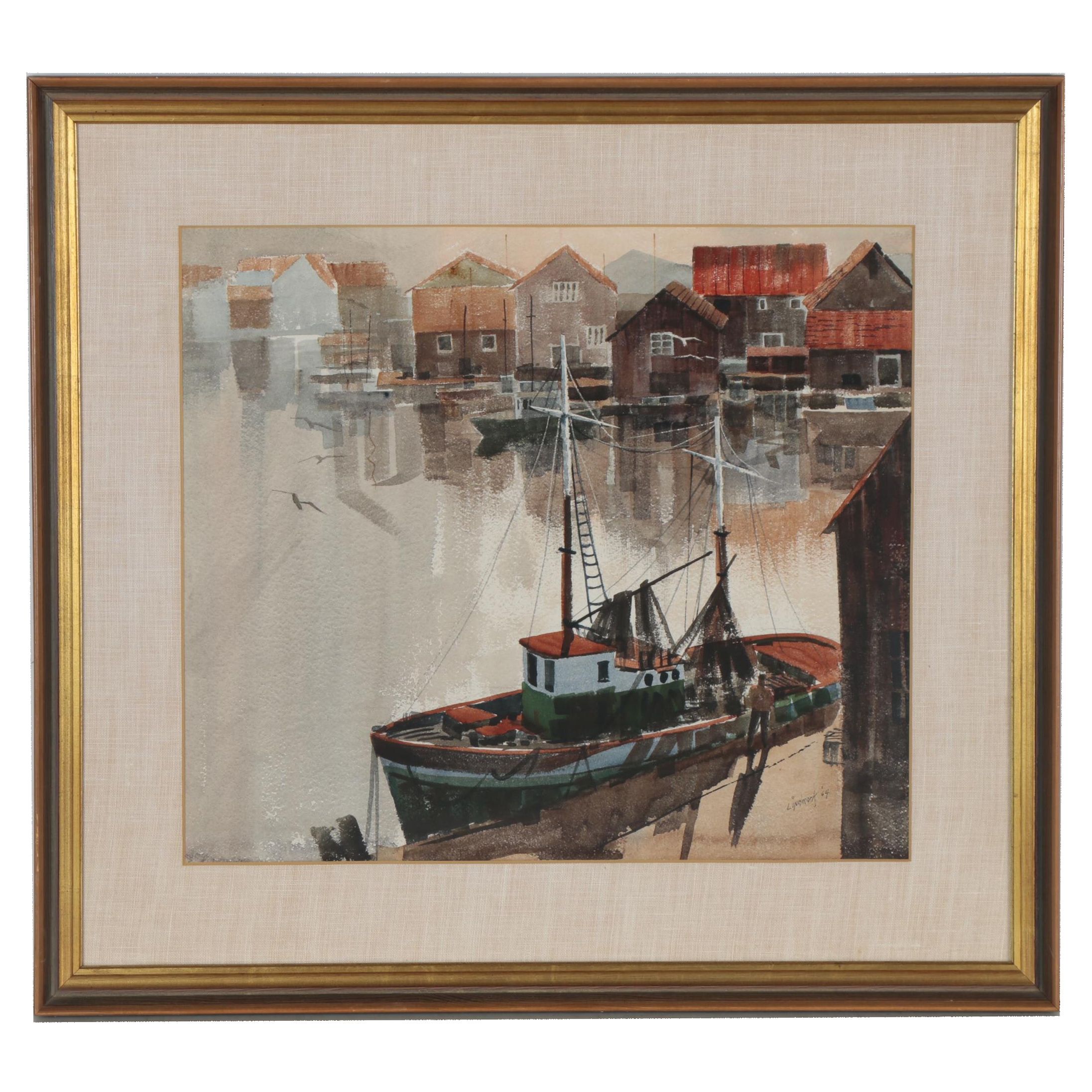 Attributed to Arne Lindmark Watercolor Painting of Harbor Scene, 1964