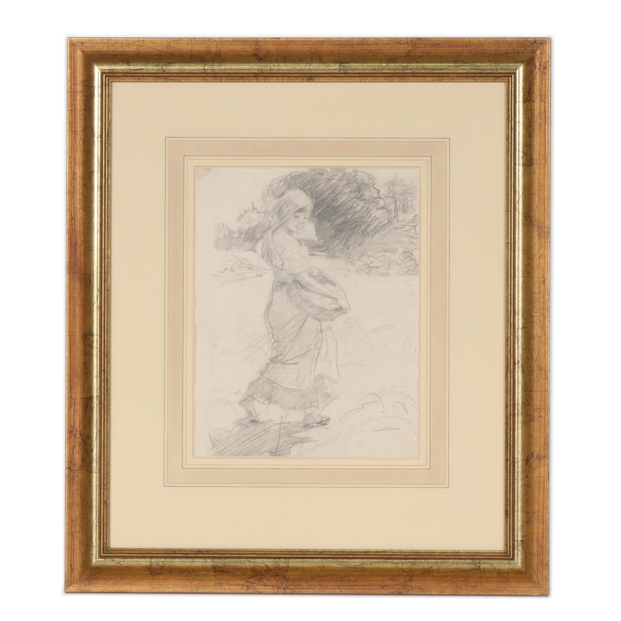 Drawing of Girl with Basket Attributed to Fernando Amorsolo y Cueto