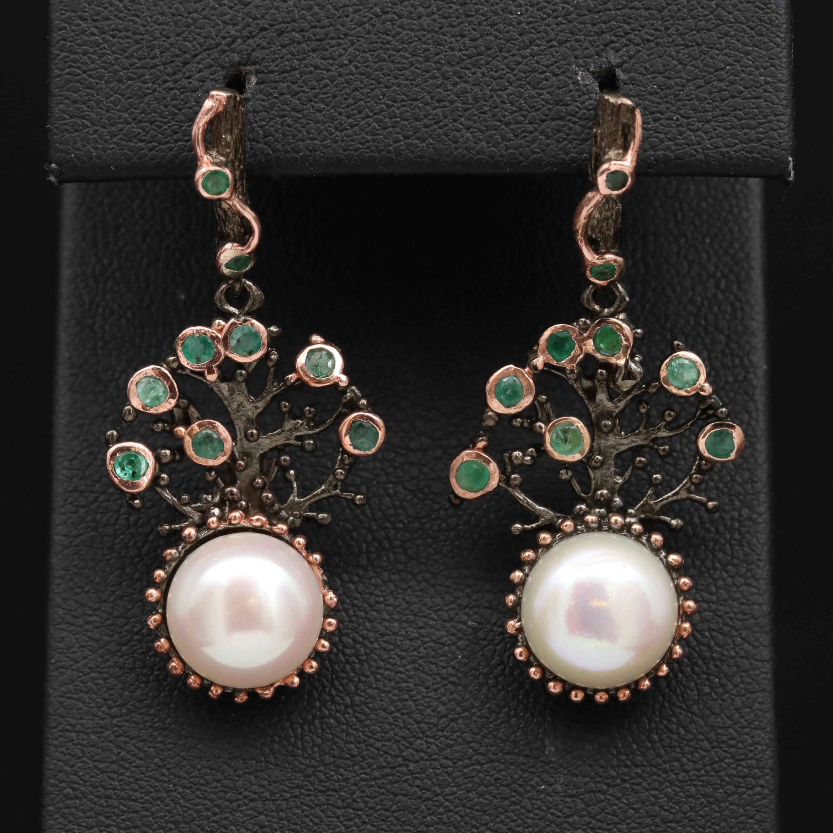 Sterling Silver Pearl and Emearld Tree Motif Earrings
