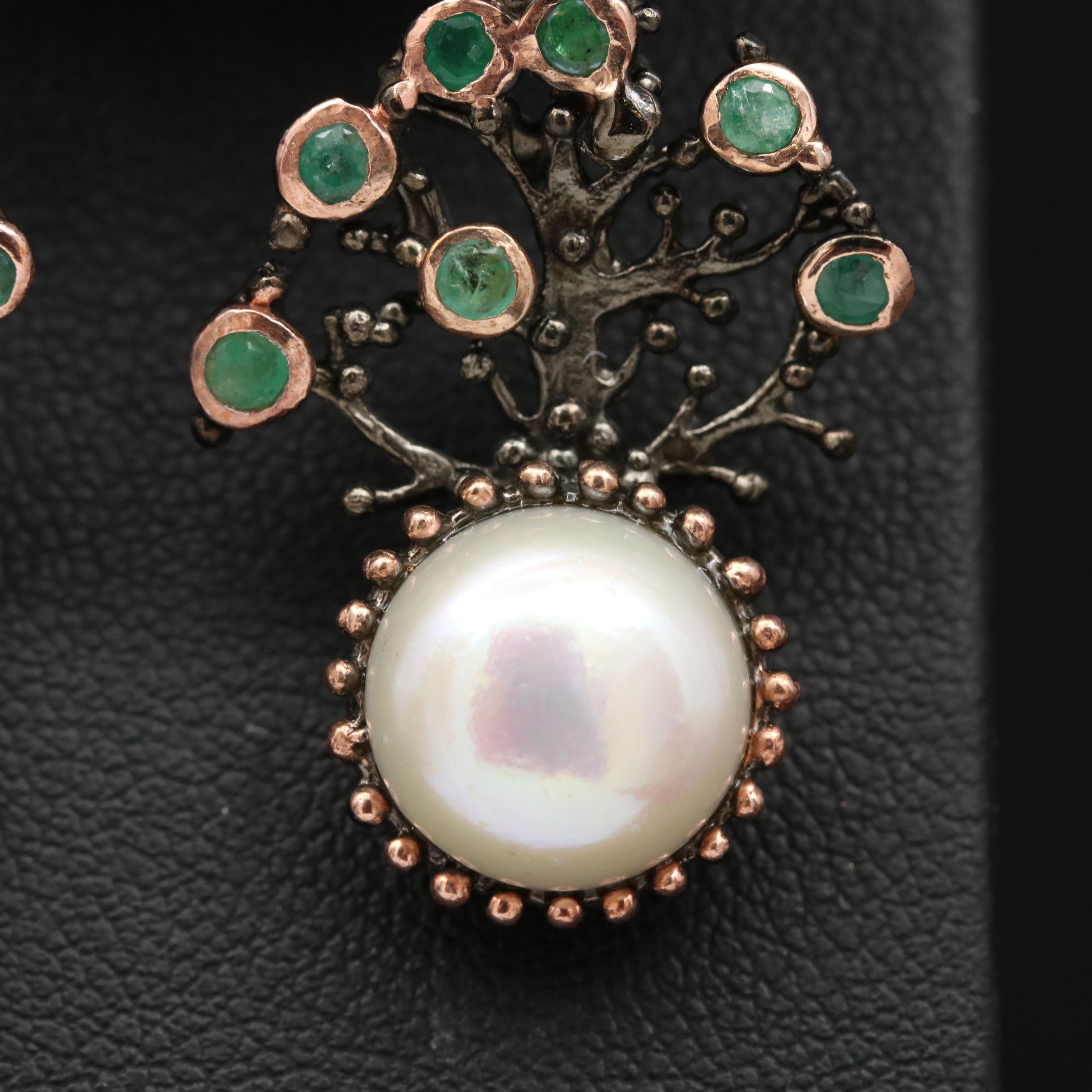 Sterling Silver Pearl and Emearld Tree Motif Earrings