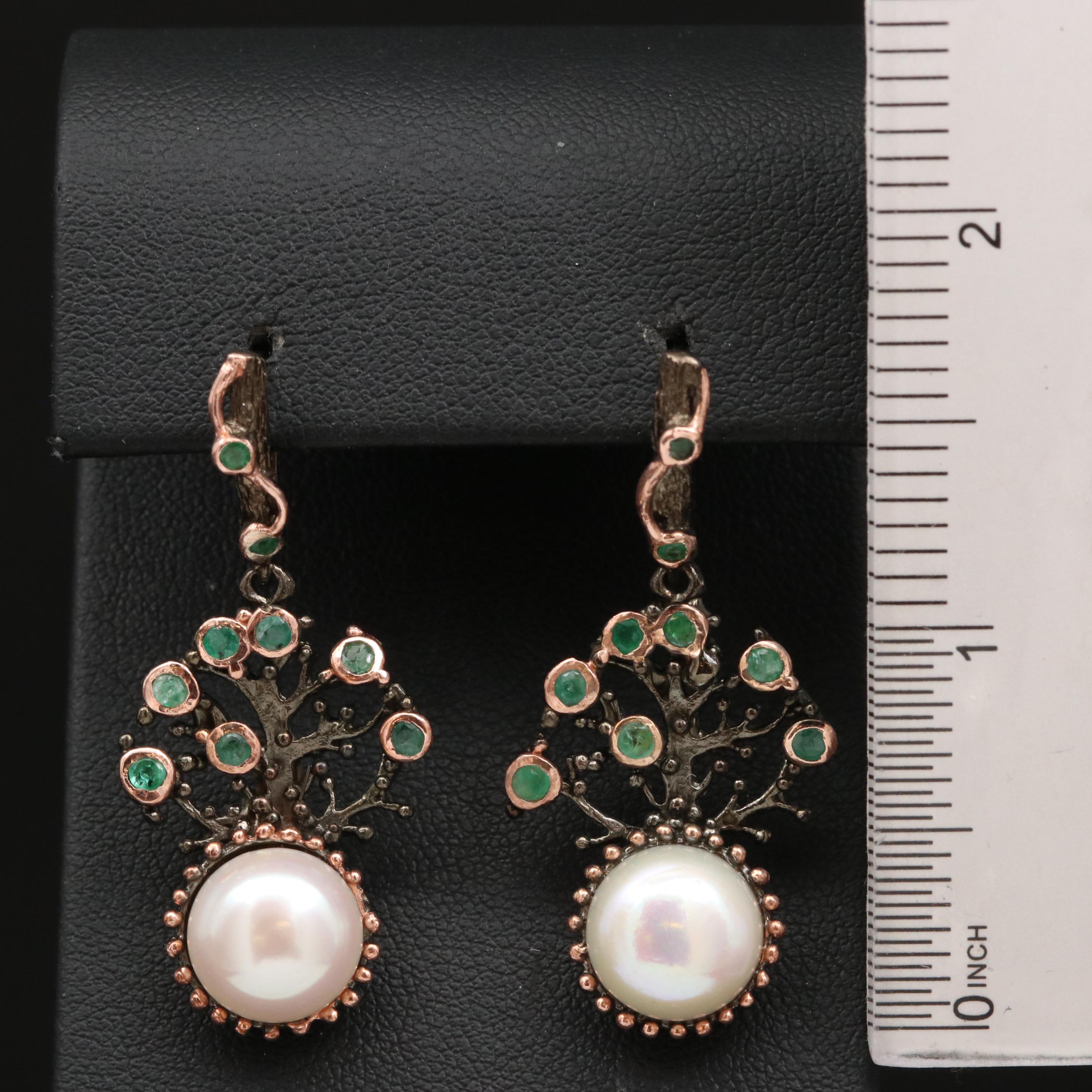 Sterling Silver Pearl and Emearld Tree Motif Earrings