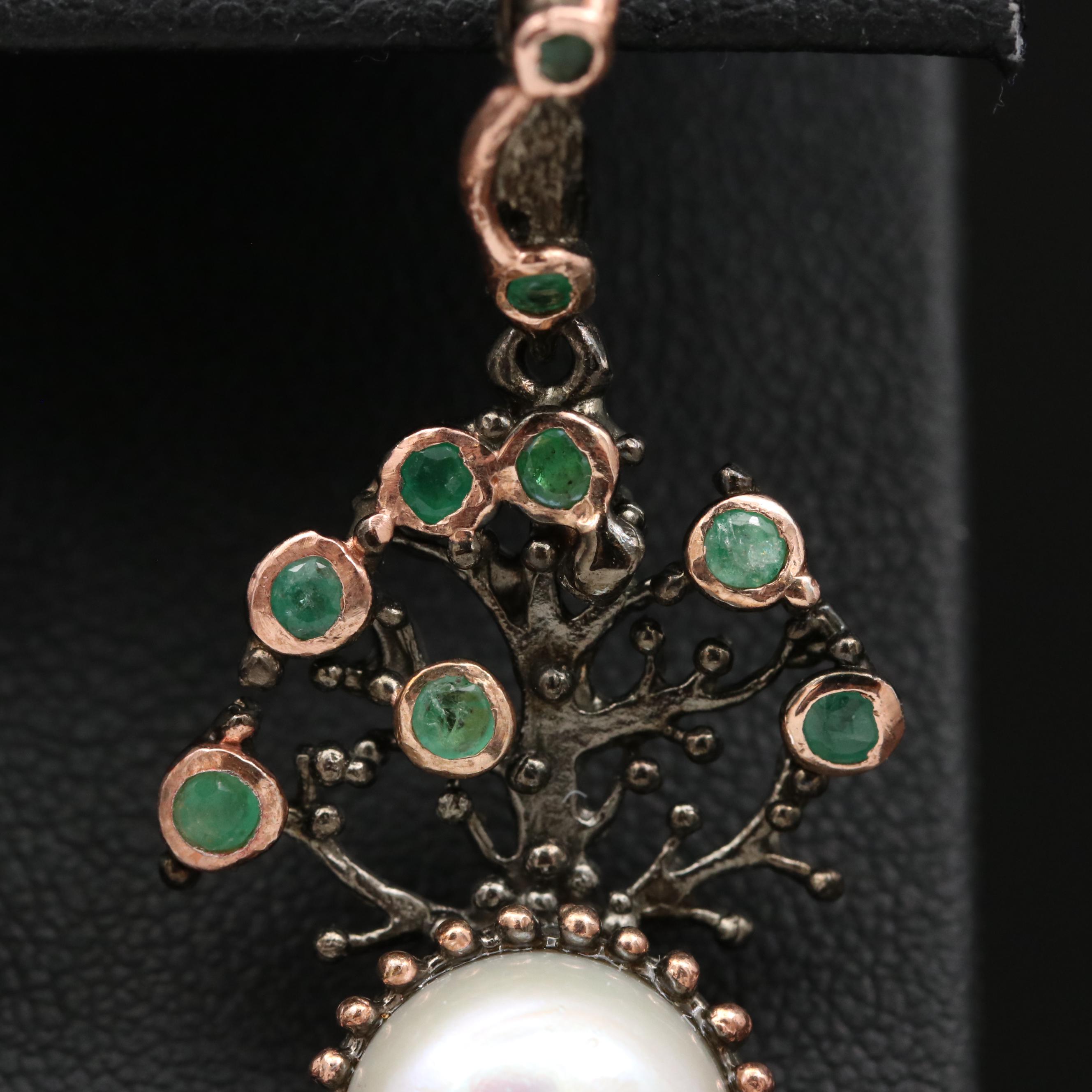 Sterling Silver Pearl and Emearld Tree Motif Earrings