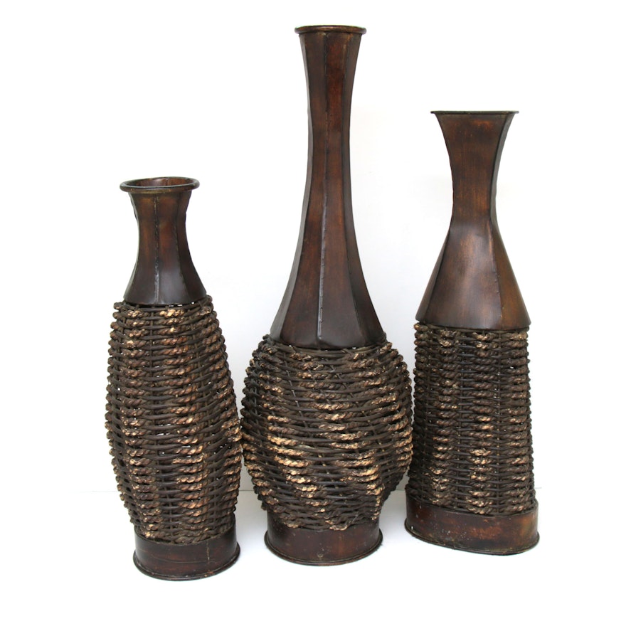 Antiqued Metal and  Rope Decorative Vases, Contemporary