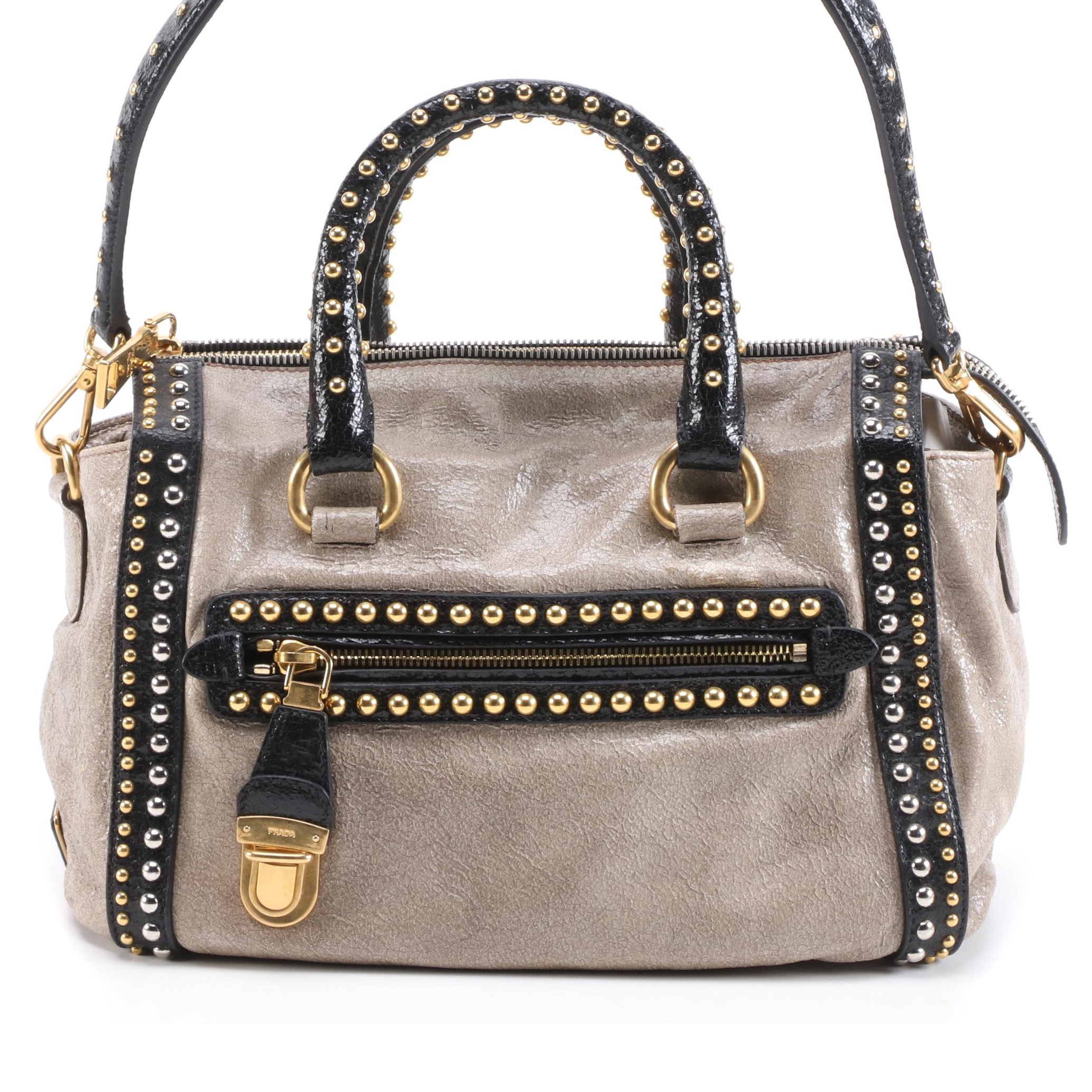 Prada Studded Taupe/Black Craquelle Leather Satchel