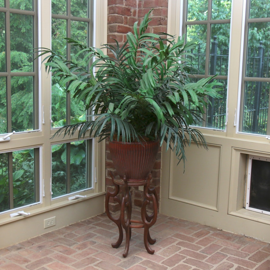 Ceramic Potted Artificial Plant on Hand-Carved Teak Plant Stand