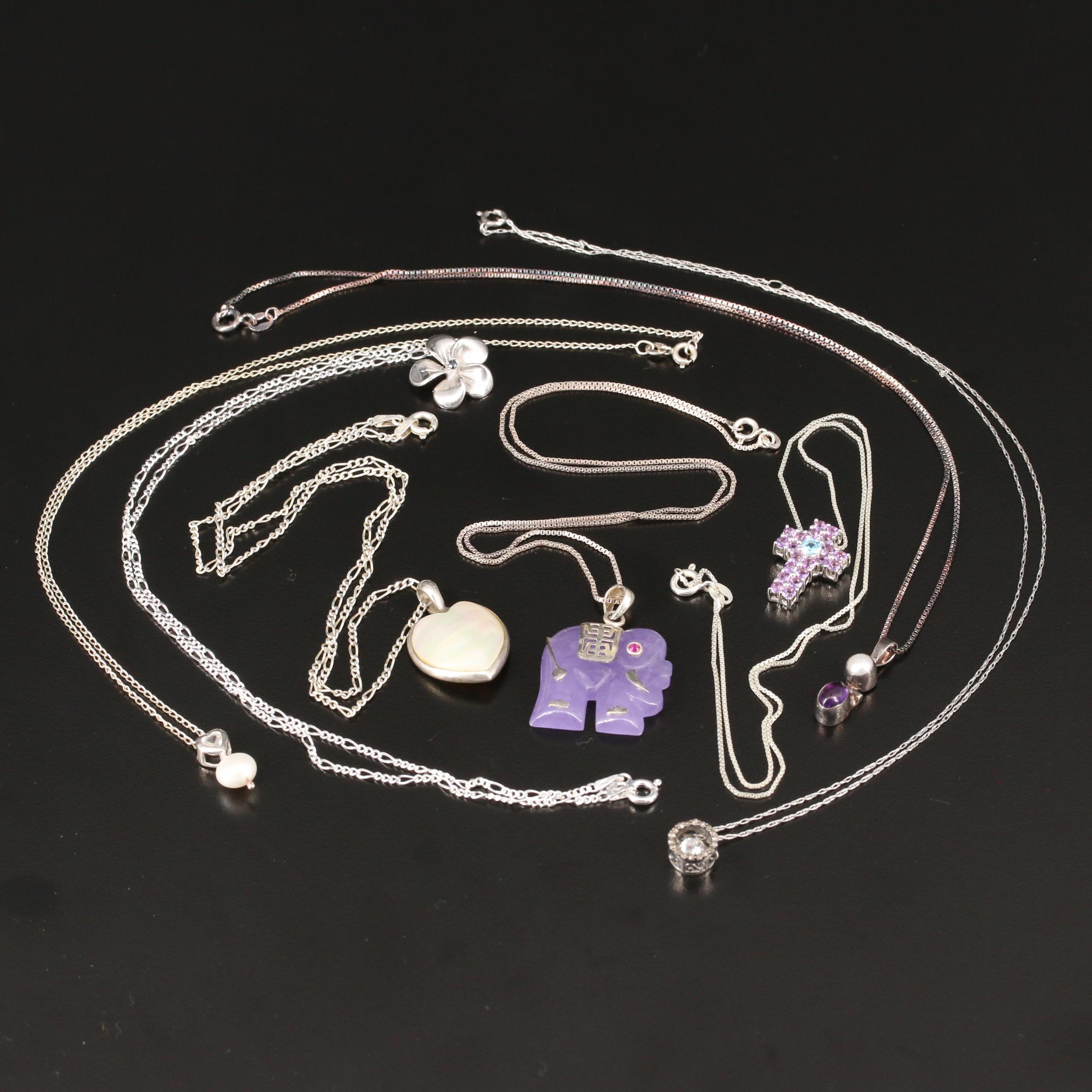 Selection of Sterling Necklaces Including Longevity Elephant Pendant Necklace