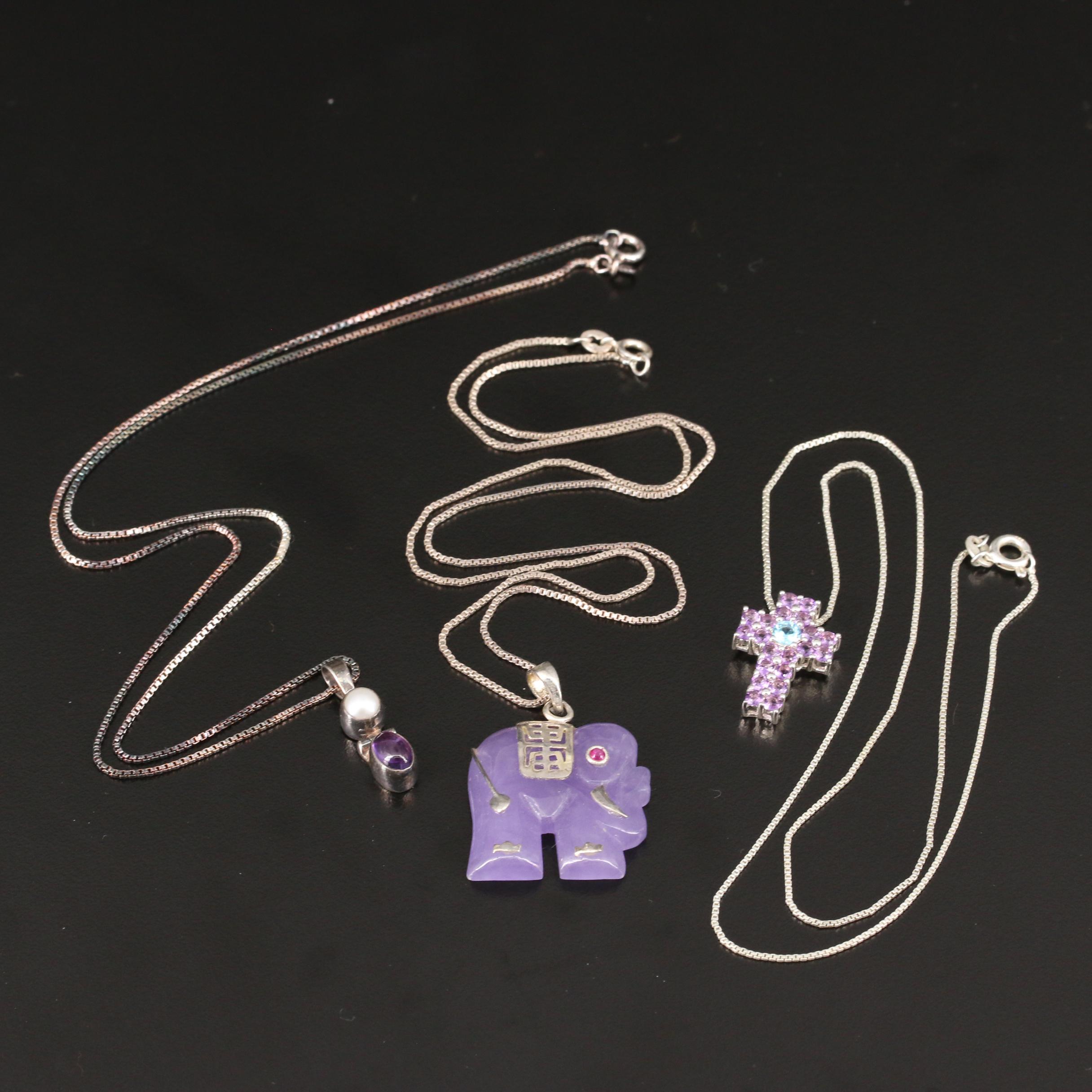 Selection of Sterling Necklaces Including Longevity Elephant Pendant Necklace