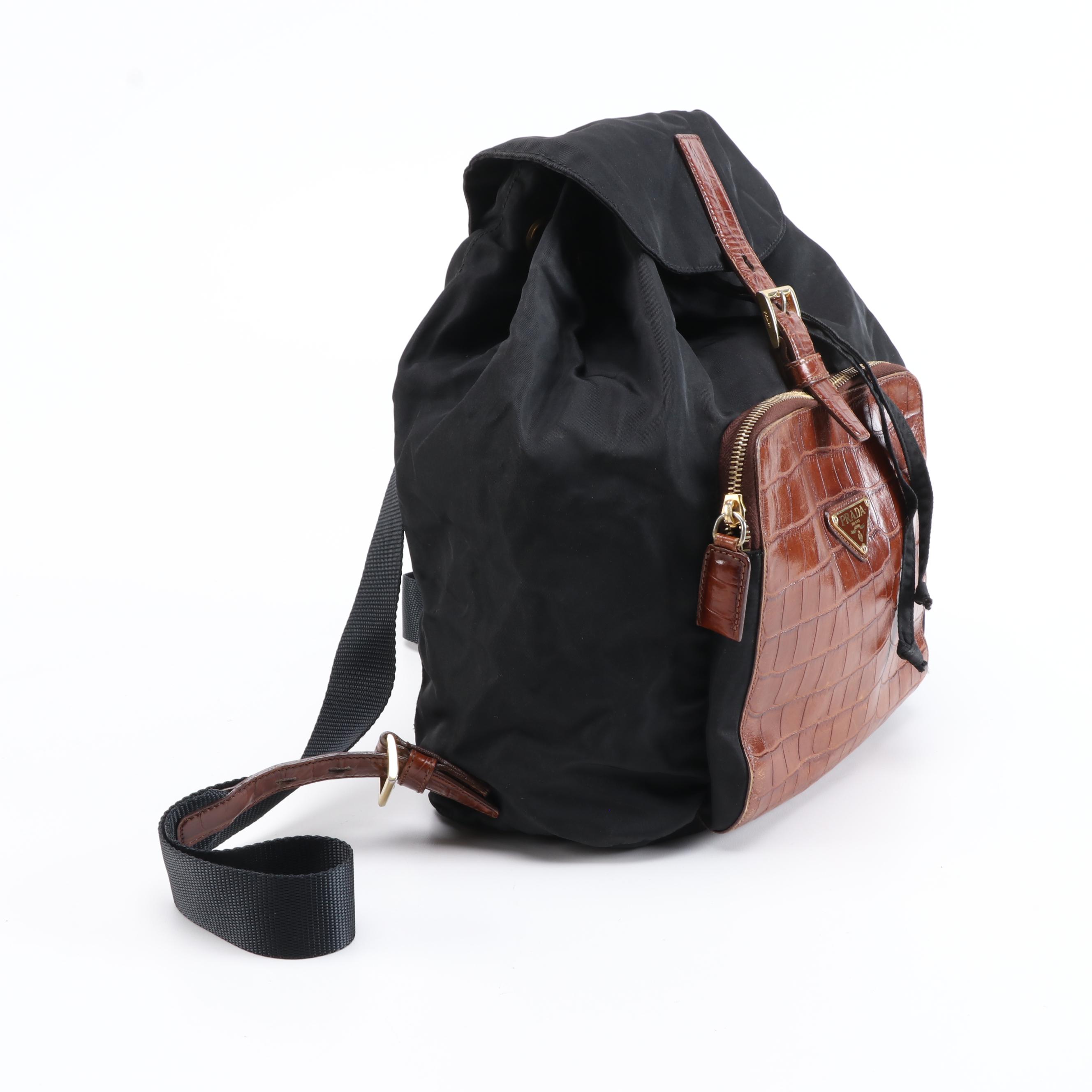 Prada Black Nylon Backpack Purse with Brown Crocodile Embossed Leather Trim