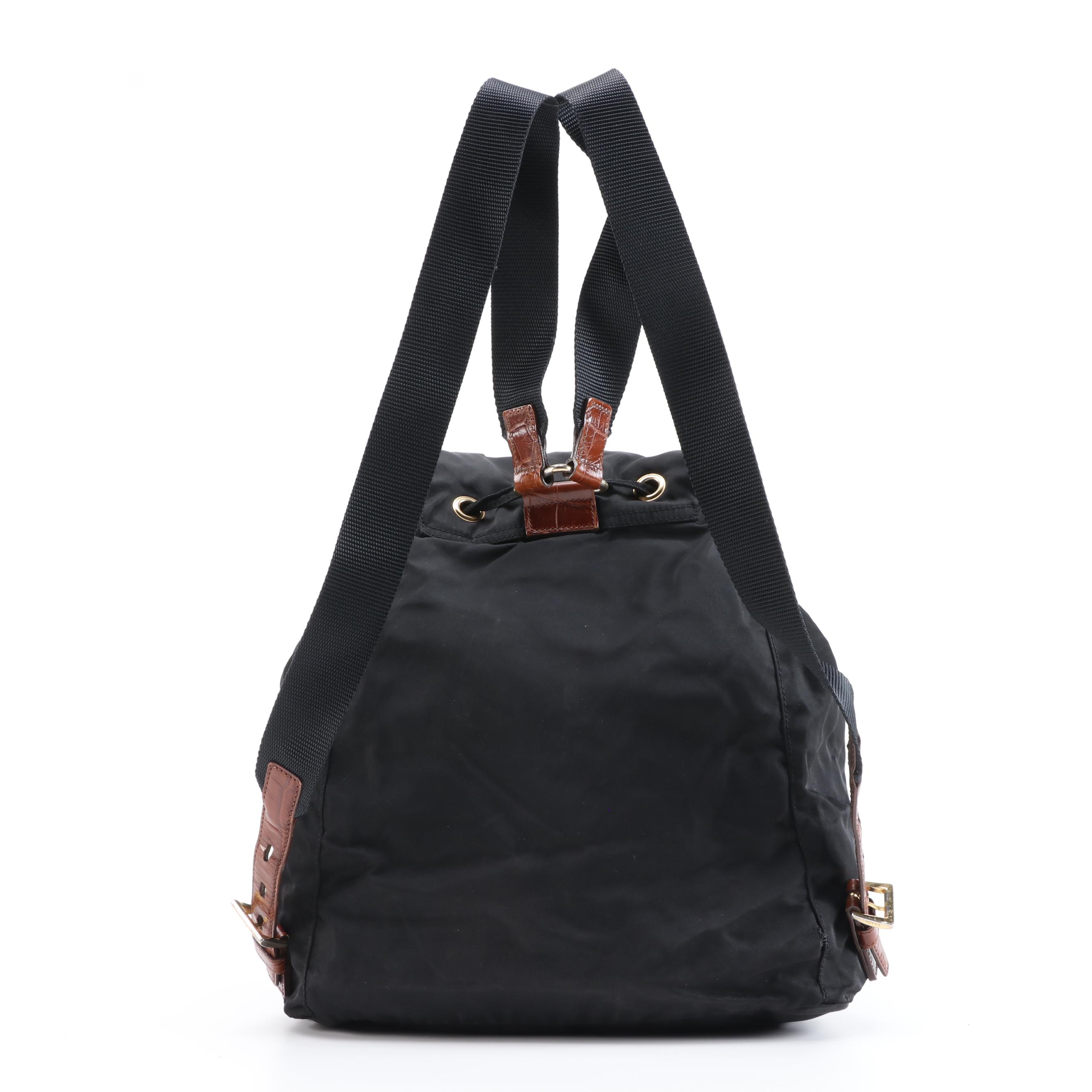 Prada Black Nylon Backpack Purse with Brown Crocodile Embossed Leather Trim