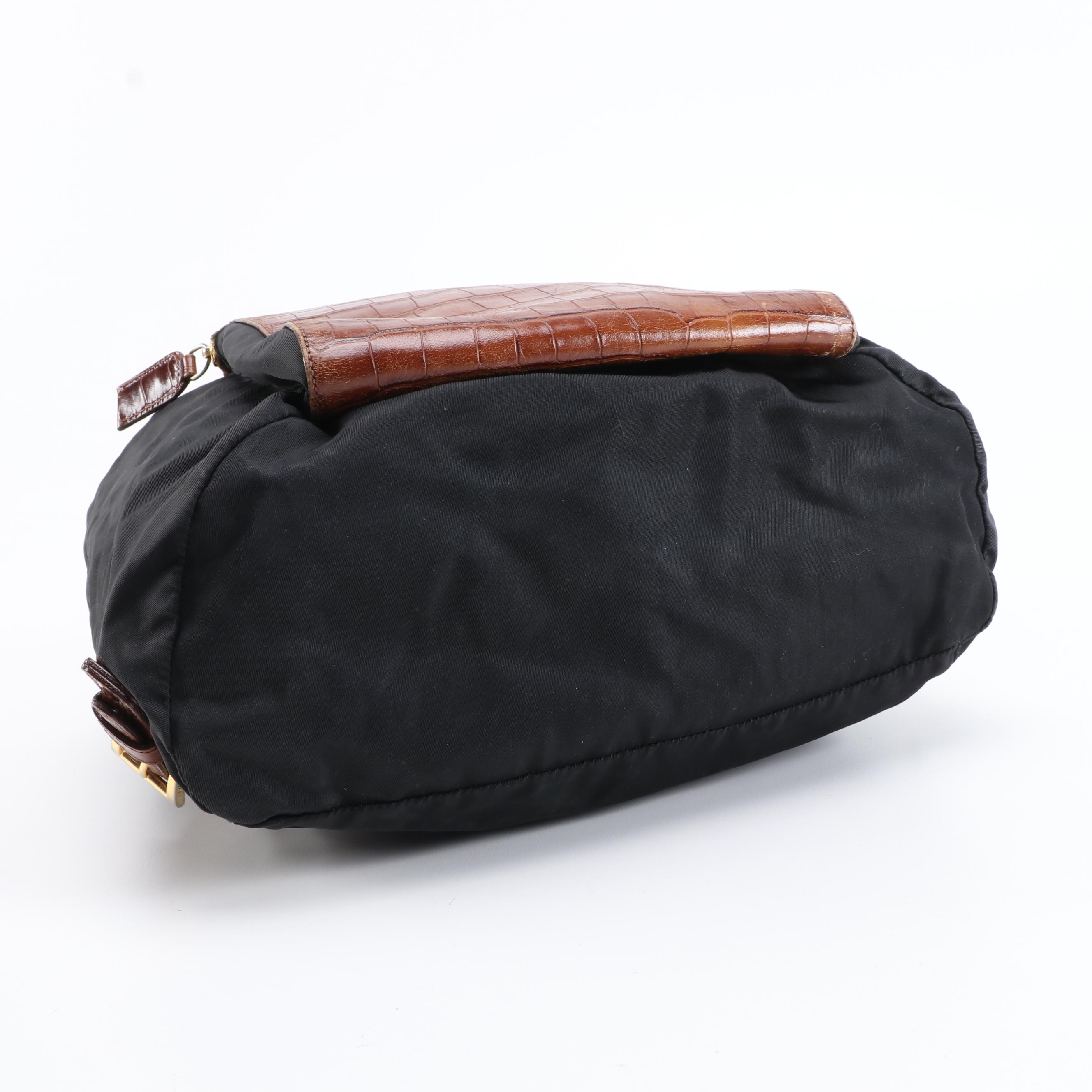Prada Black Nylon Backpack Purse with Brown Crocodile Embossed Leather Trim