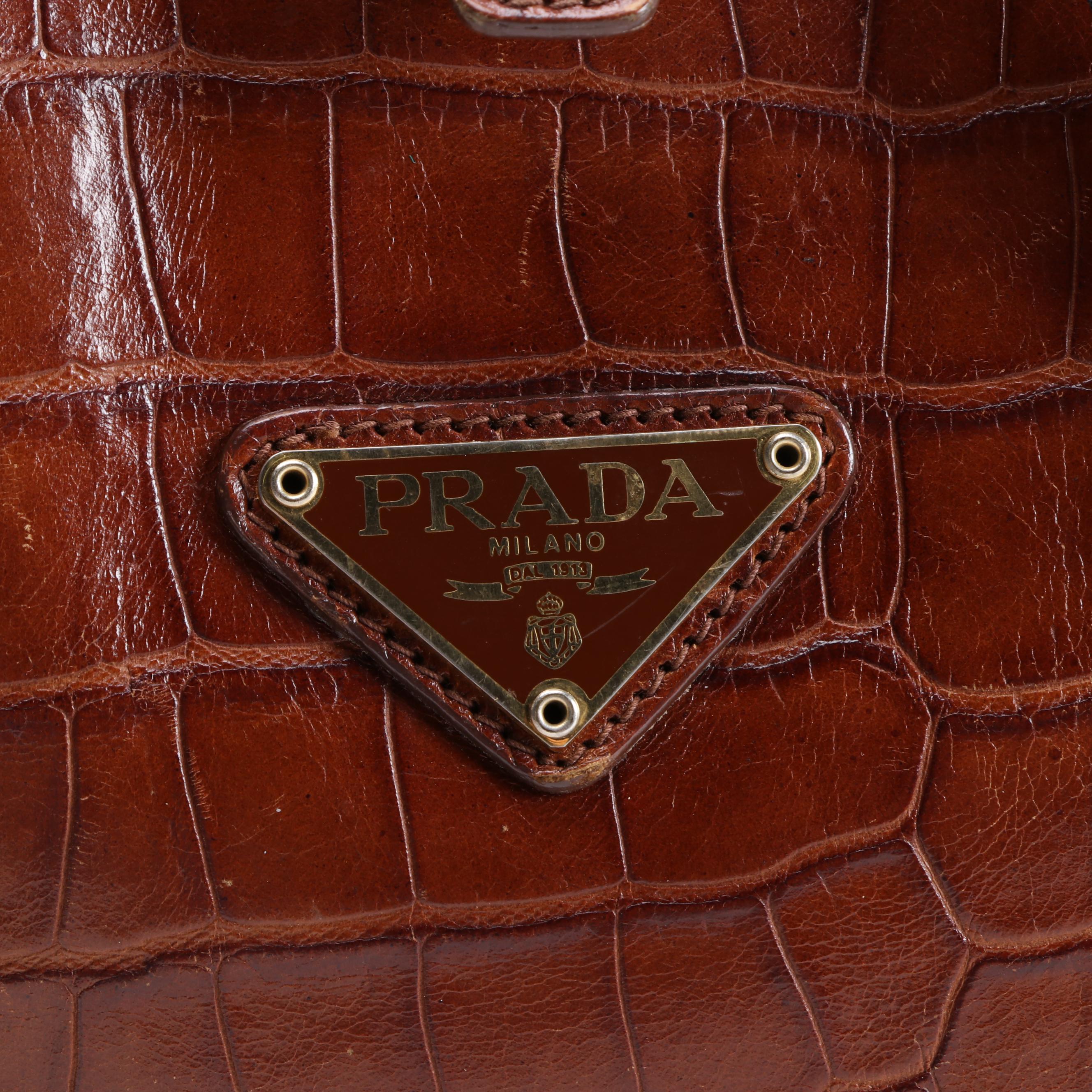 Prada Black Nylon Backpack Purse with Brown Crocodile Embossed Leather Trim