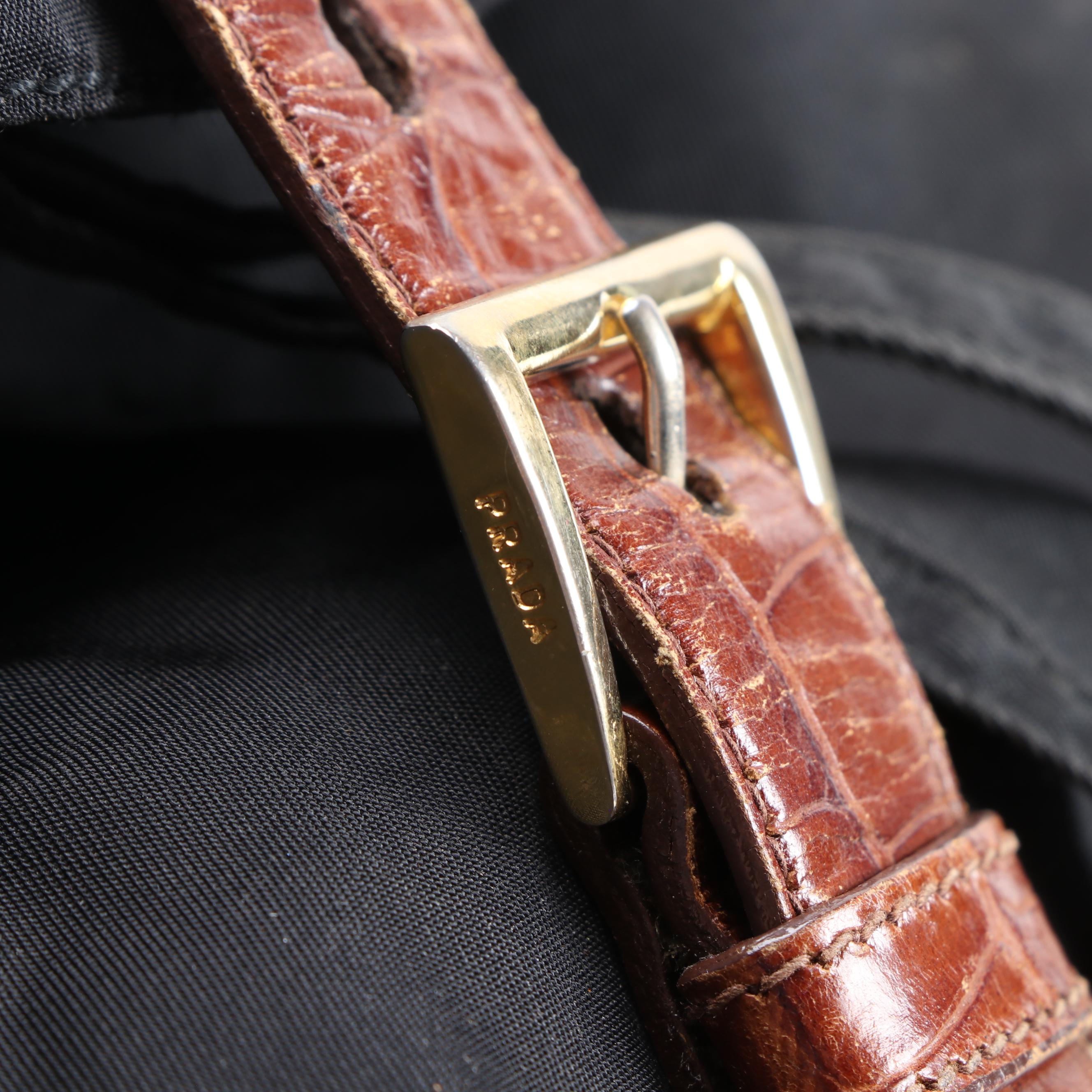 Prada Black Nylon Backpack Purse with Brown Crocodile Embossed Leather Trim