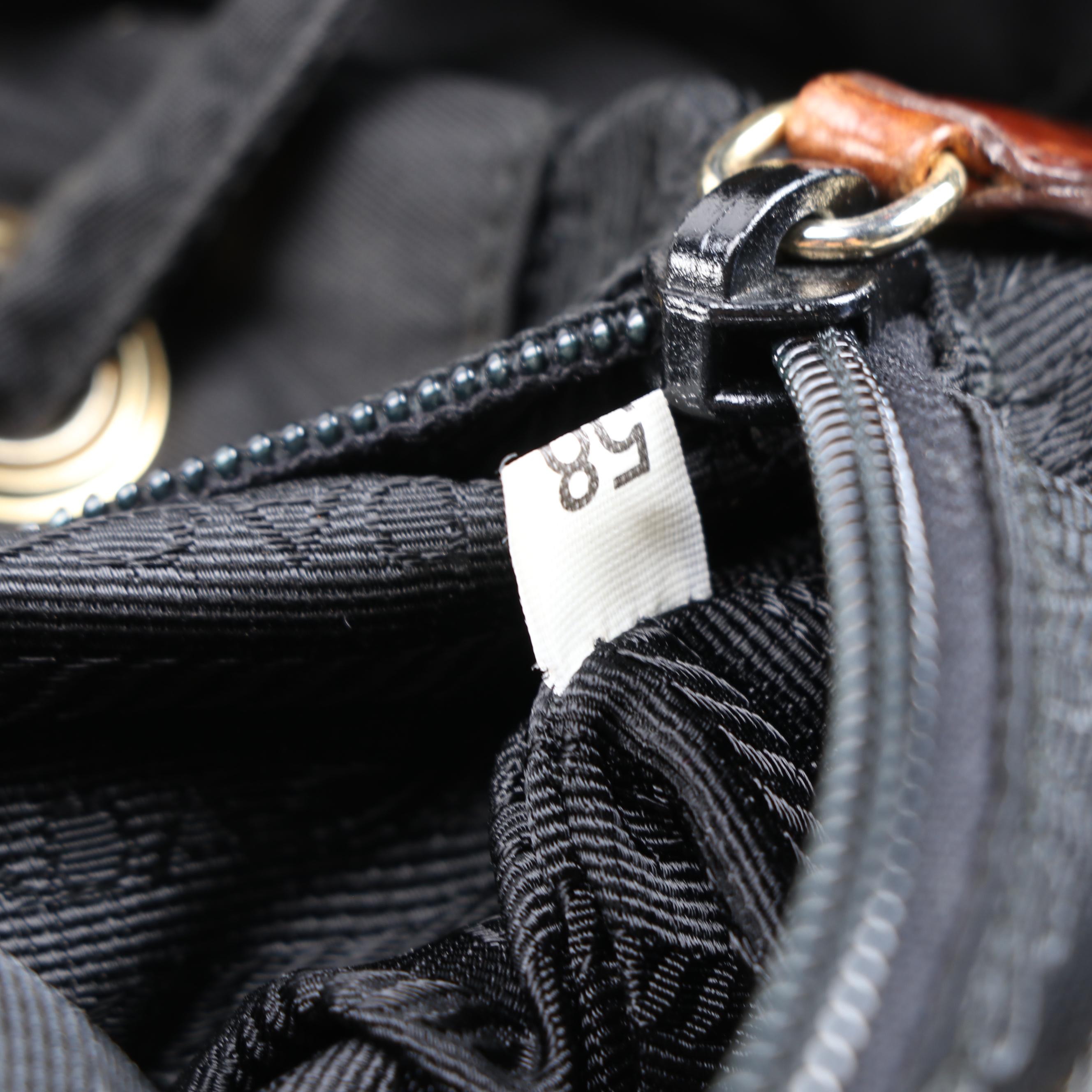 Prada Black Nylon Backpack Purse with Brown Crocodile Embossed Leather Trim