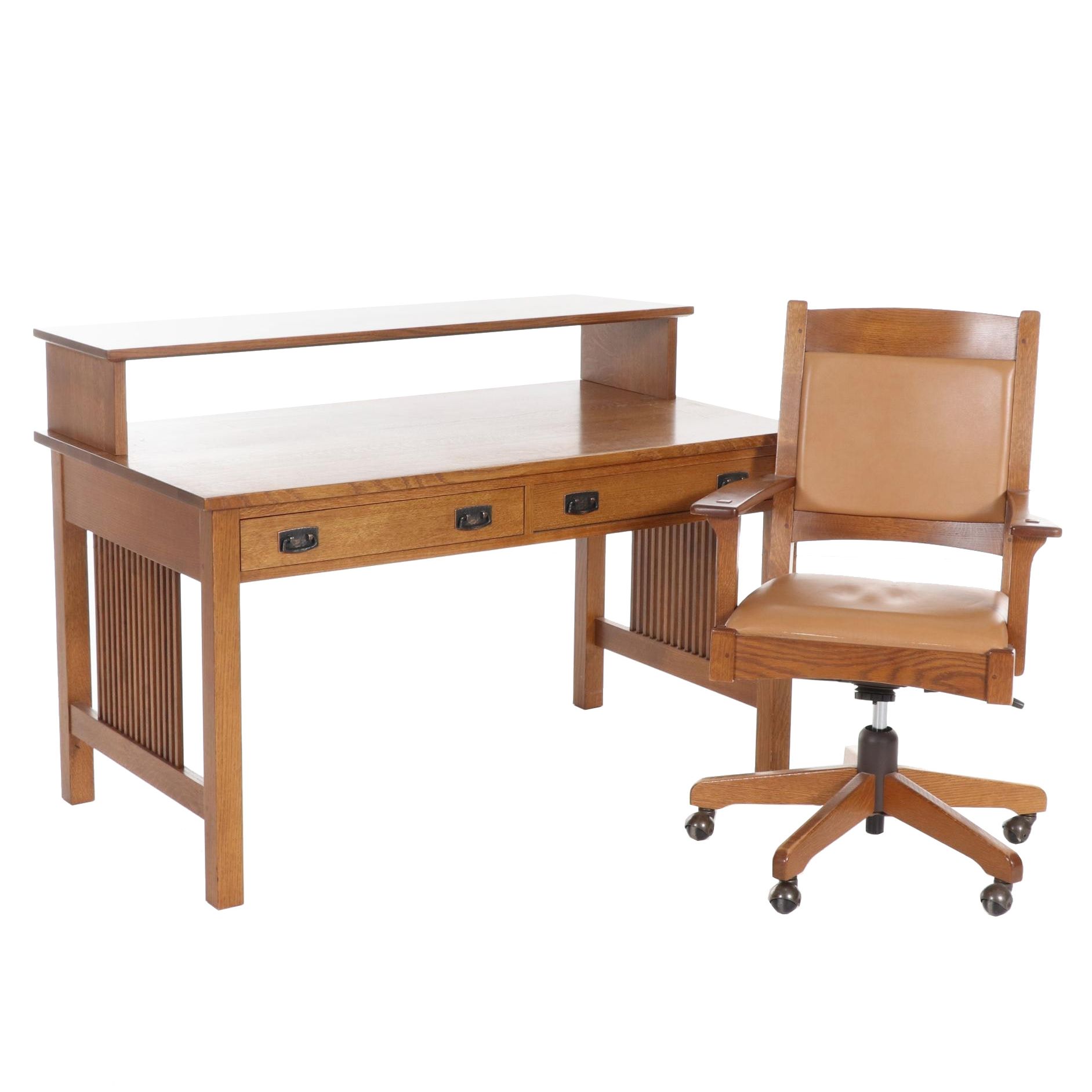 Stickley Craftsman Style Oak Computer Desk and Leather Upholstered Office Chair