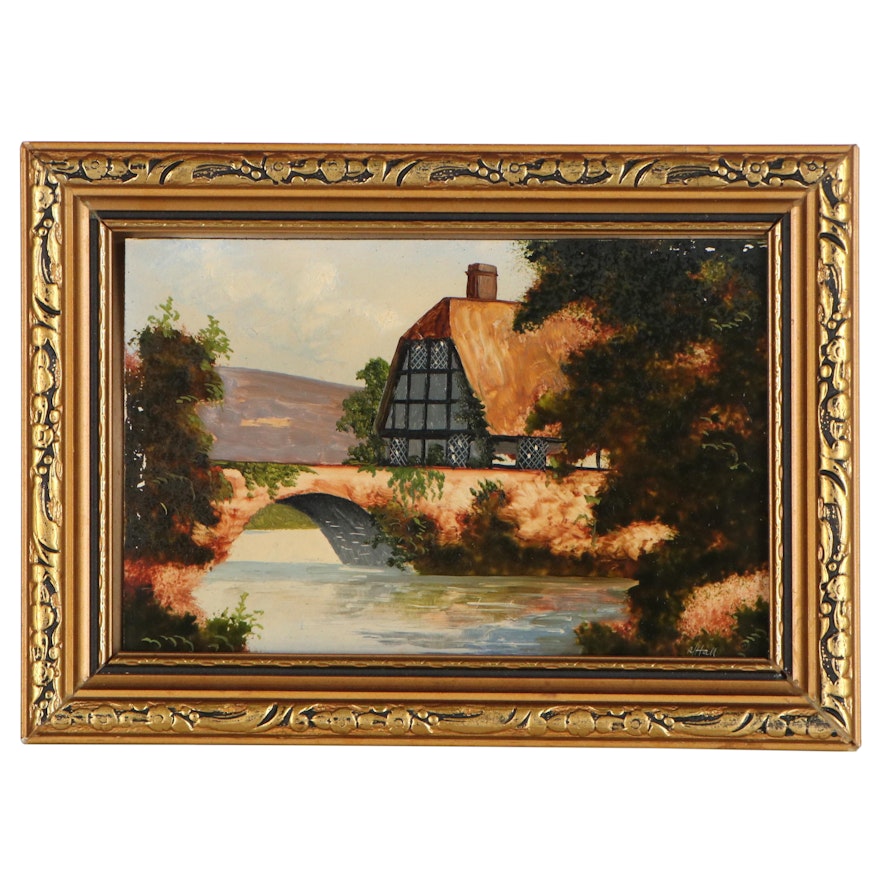 Robert J. Hall Miniature Oil Painting "Bridge over the Avon near Bristol"