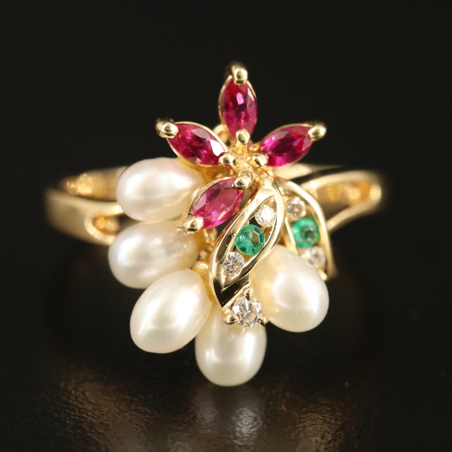 18K Ruby, Emerald, Pearl and Diamond Flower Ring