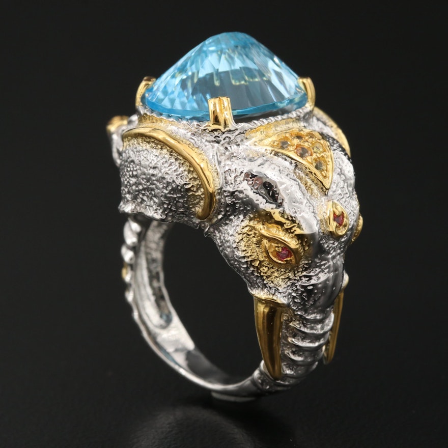 Sterling Topaz and Sapphire Elephant Ring