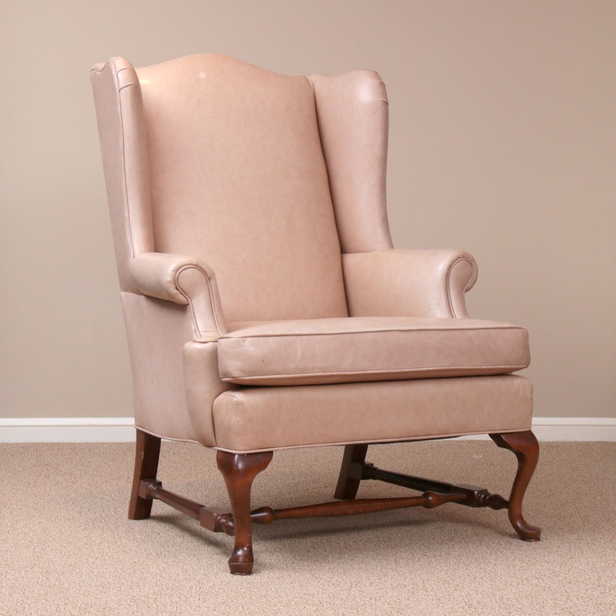 Ethan Allen Queen Anne-Style Leather-Upholstered Wingback Armchair