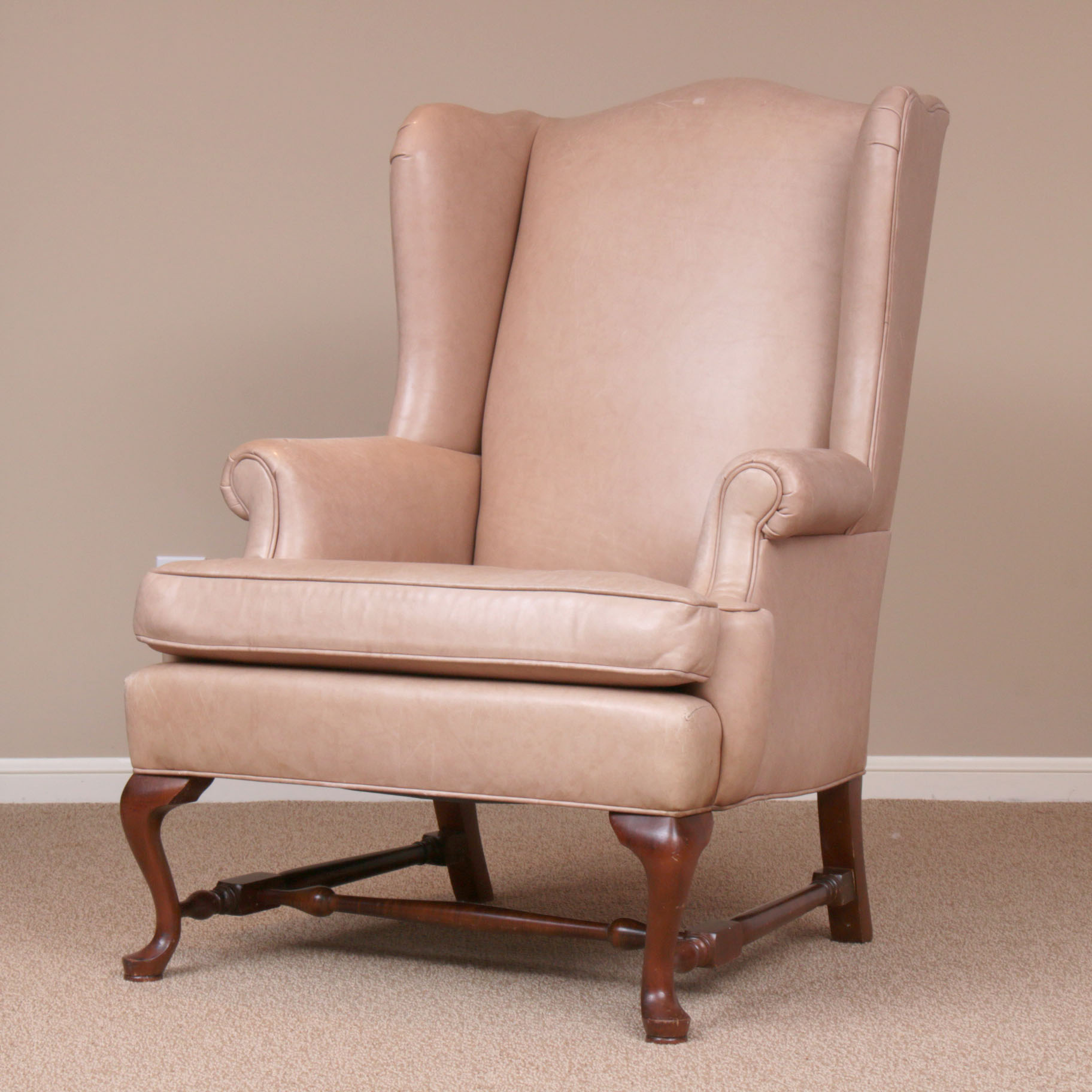Ethan Allen Queen Anne-Style Leather-Upholstered Wingback Armchair