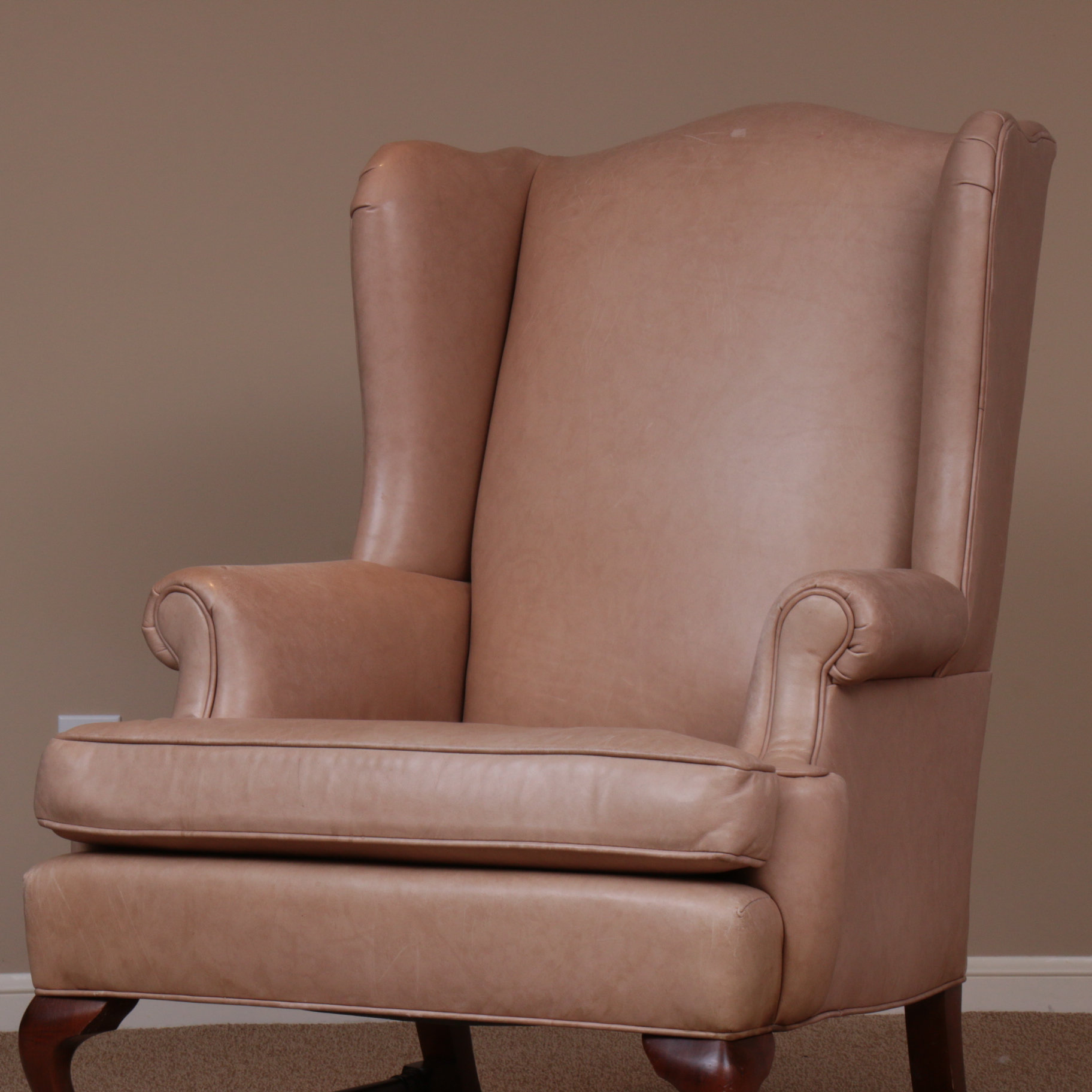 Ethan Allen Queen Anne-Style Leather-Upholstered Wingback Armchair