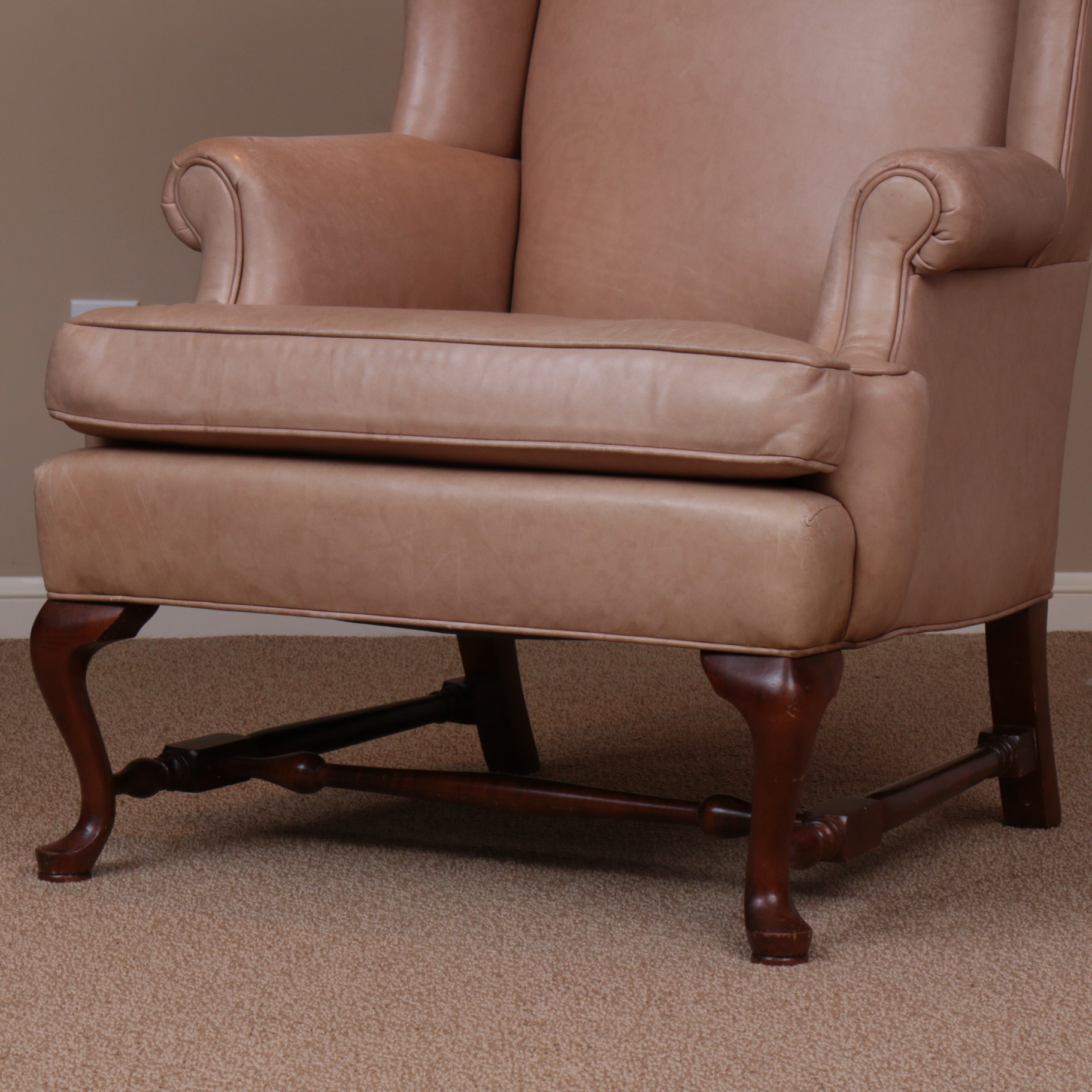 Ethan Allen Queen Anne-Style Leather-Upholstered Wingback Armchair