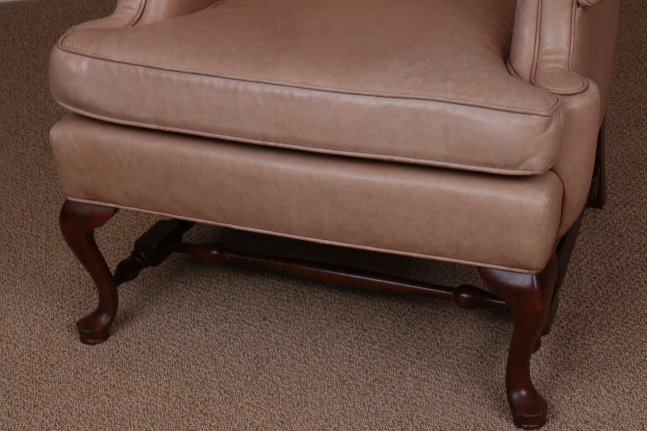 Ethan Allen Queen Anne-Style Leather-Upholstered Wingback Armchair