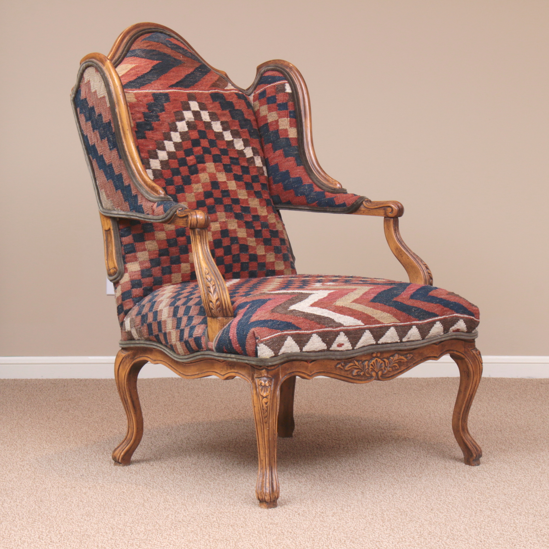 Baker Turkish Kilim-Upholstered French Provincial-Style Wingback Armchair