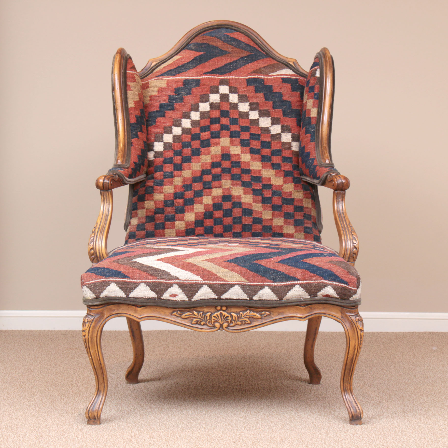 Baker Turkish Kilim-Upholstered French Provincial-Style Wingback Armchair