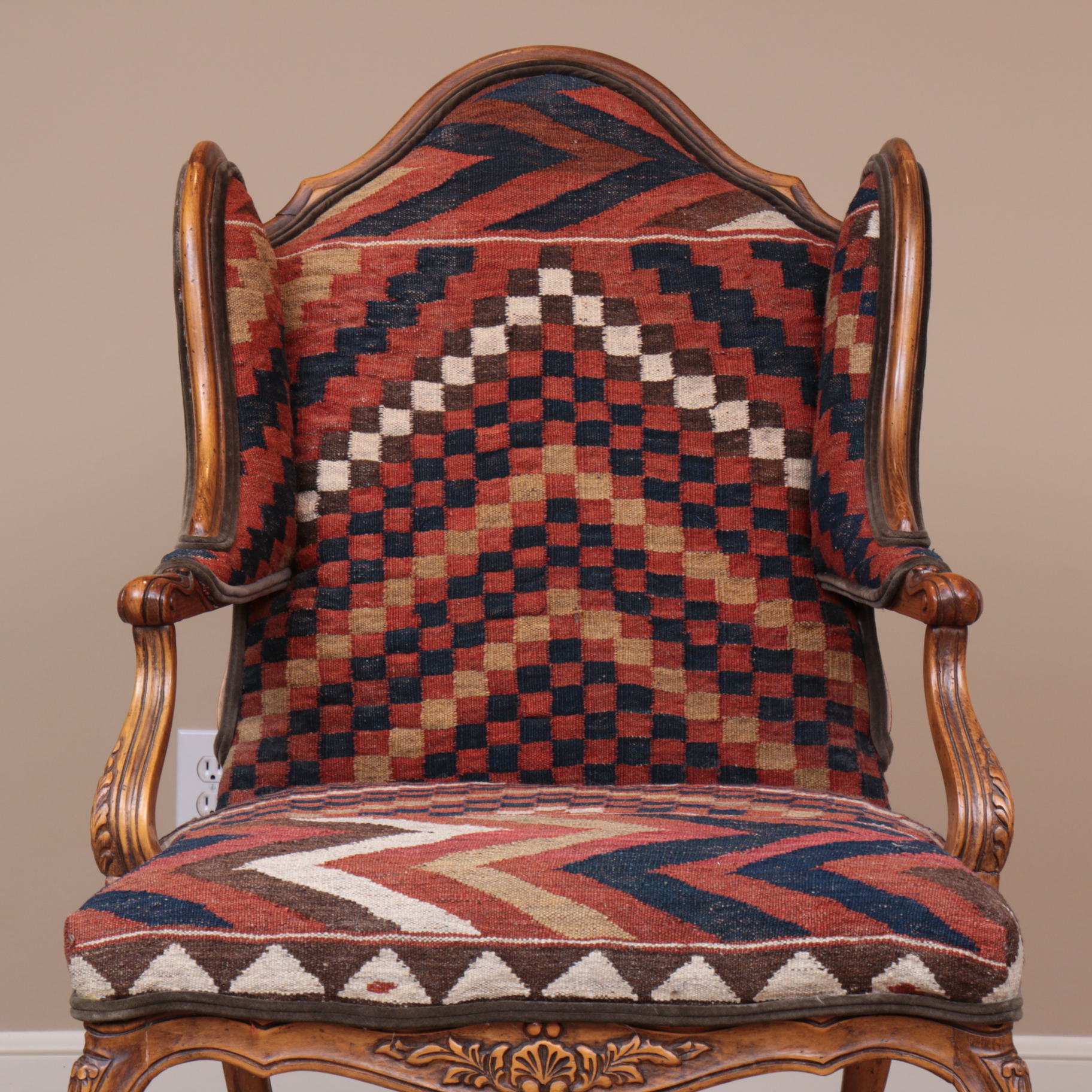 Baker Turkish Kilim-Upholstered French Provincial-Style Wingback Armchair