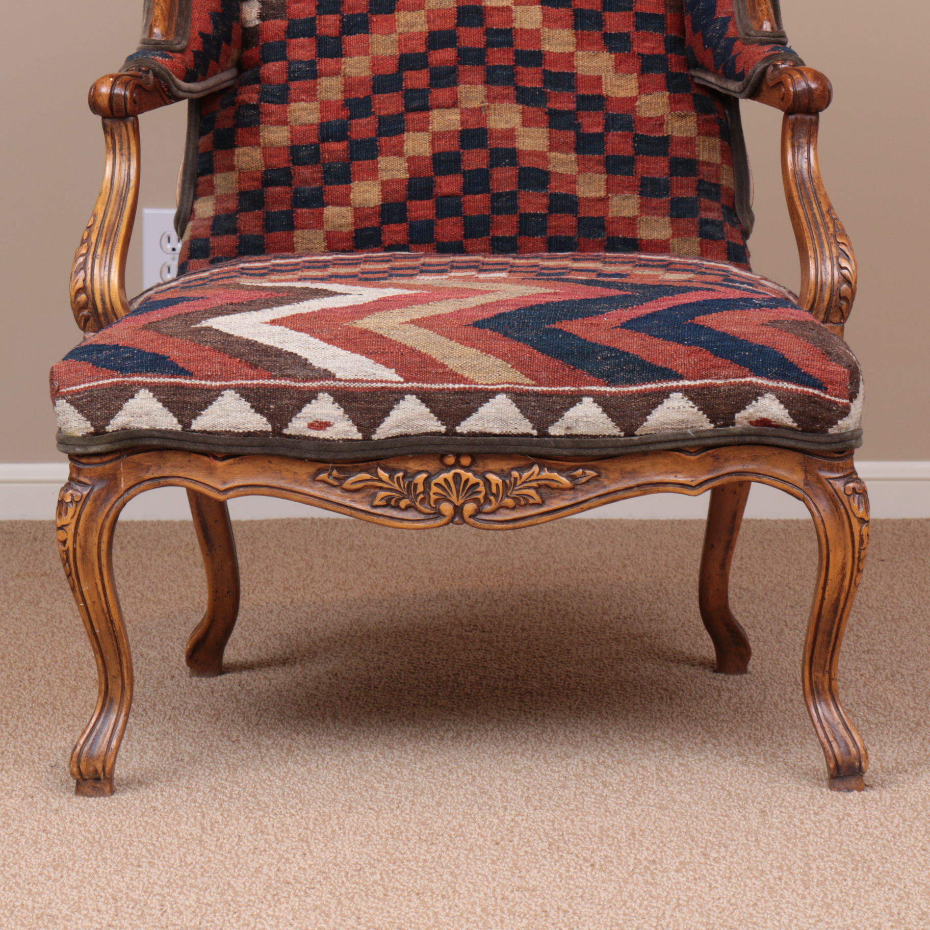 Baker Turkish Kilim-Upholstered French Provincial-Style Wingback Armchair