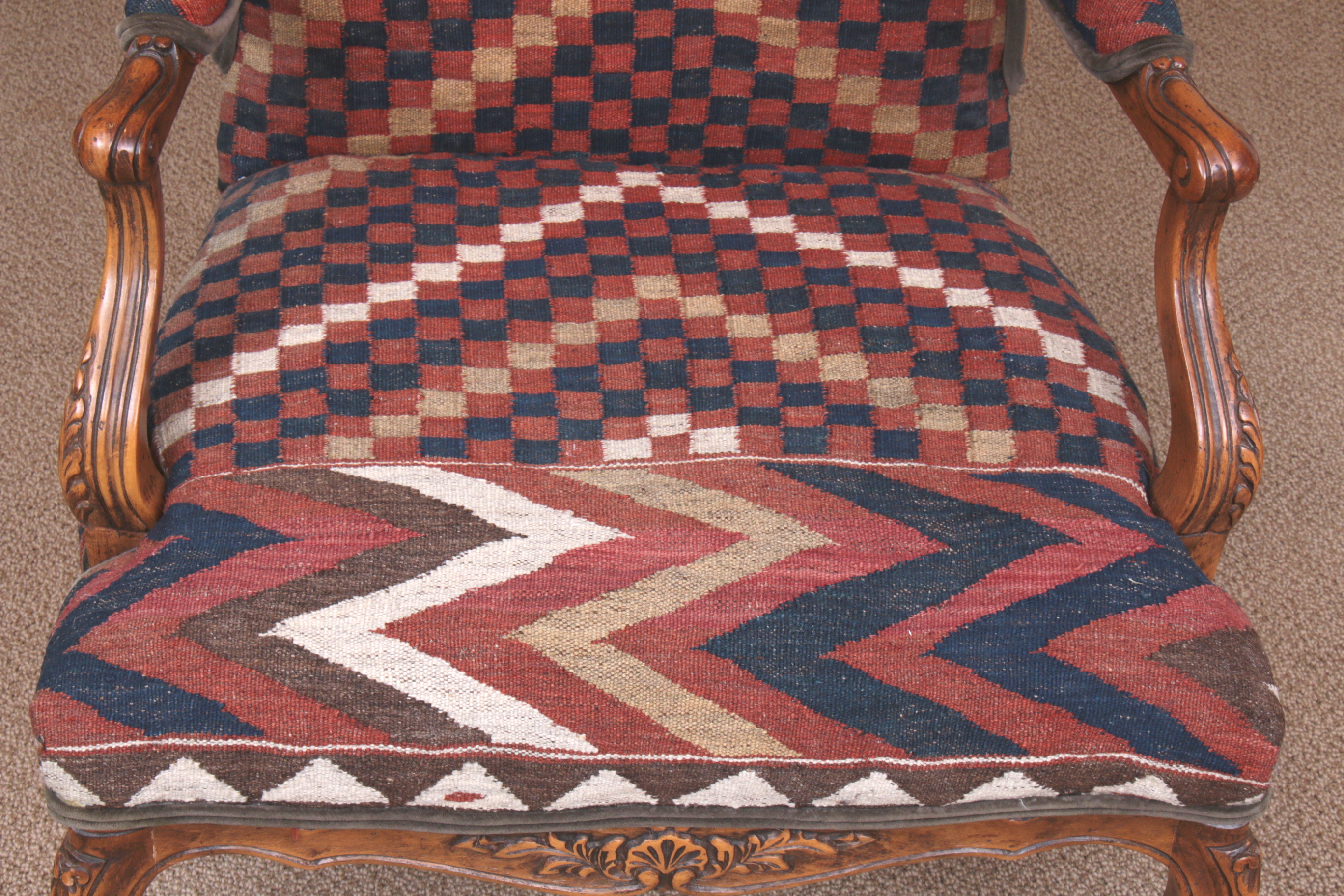 Baker Turkish Kilim-Upholstered French Provincial-Style Wingback Armchair