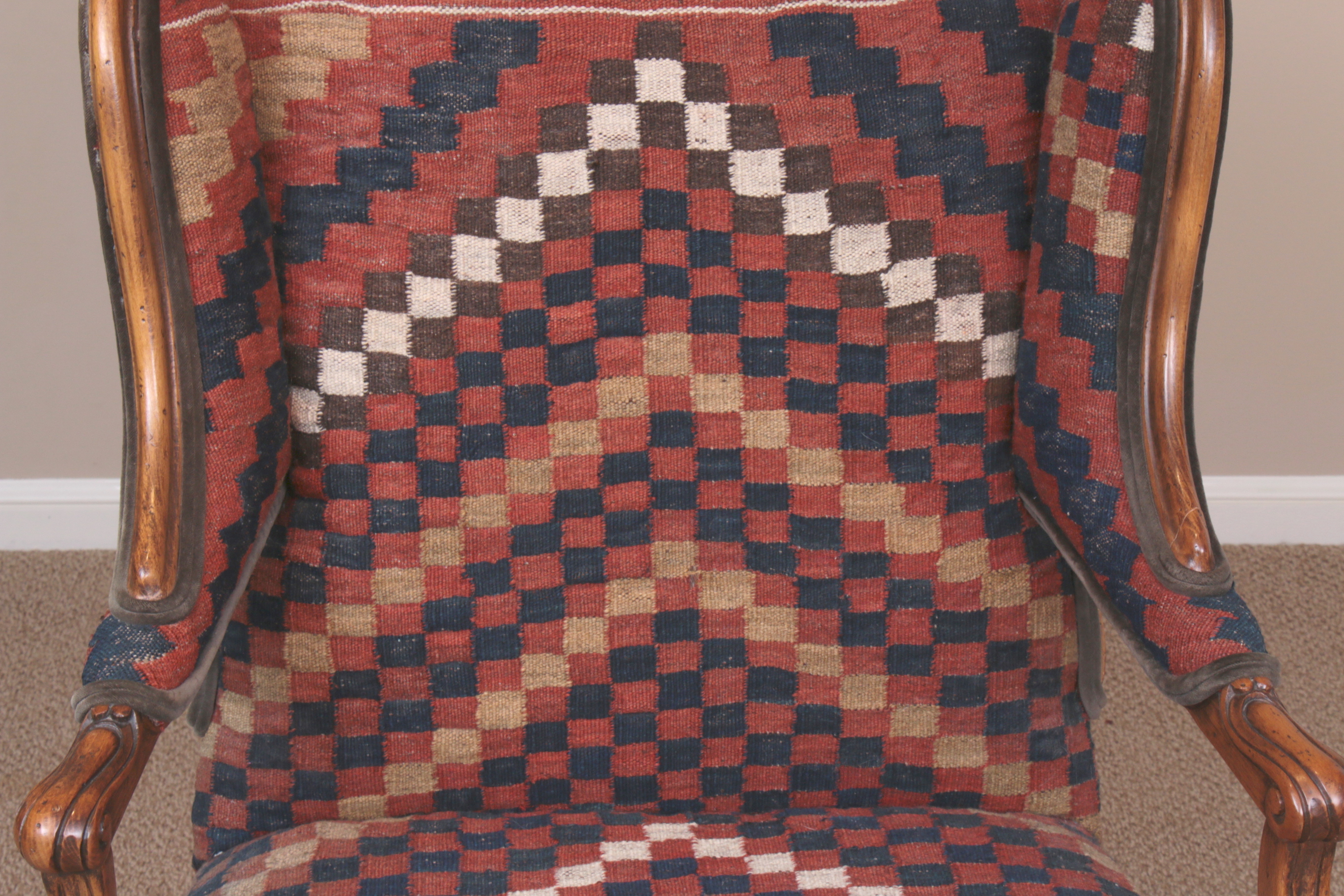Baker Turkish Kilim-Upholstered French Provincial-Style Wingback Armchair