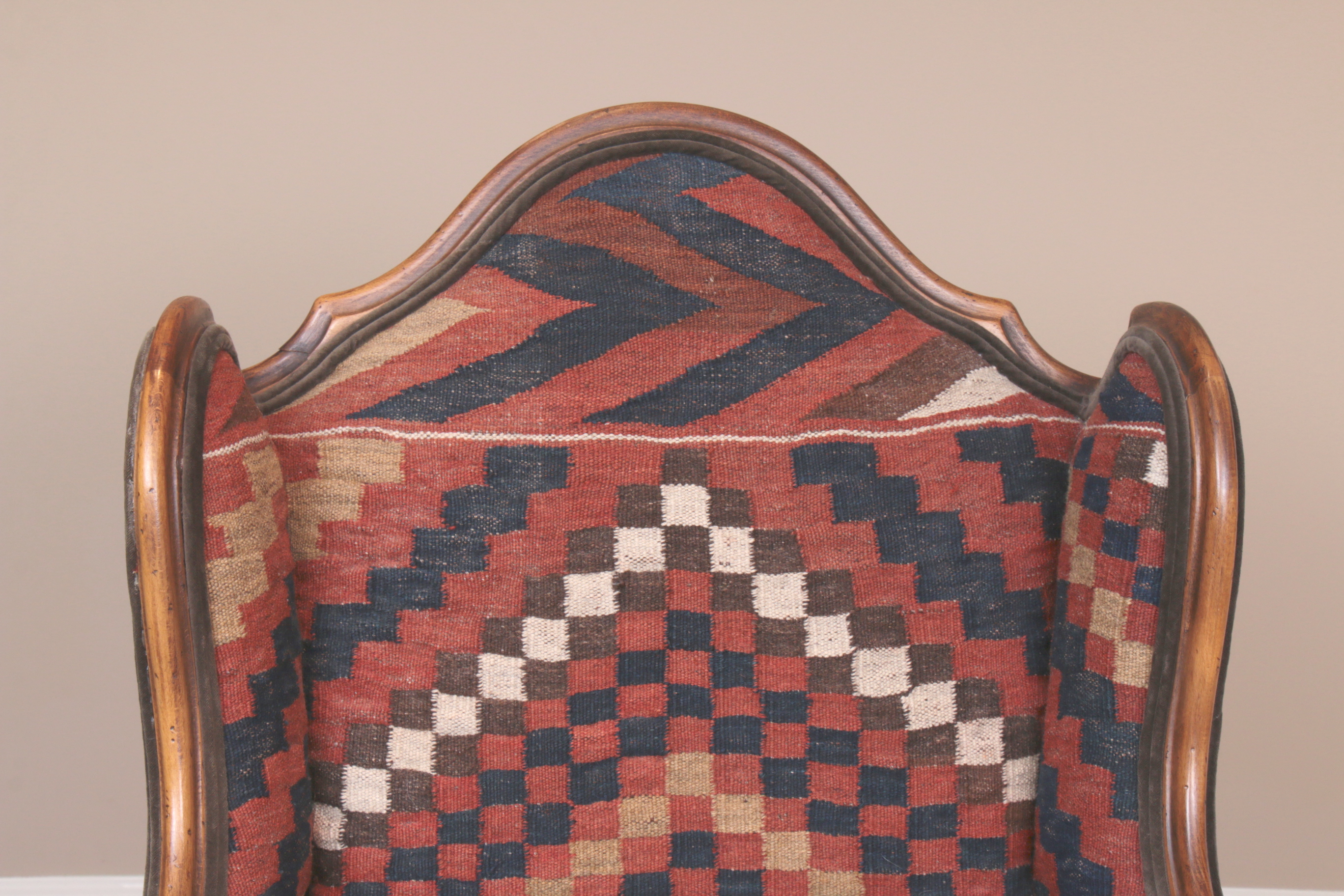 Baker Turkish Kilim-Upholstered French Provincial-Style Wingback Armchair